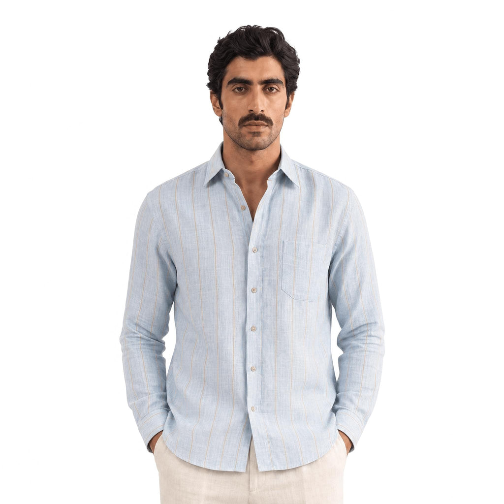 Premium Linen Stripes & Checks Fabric Light Denim & Brown Stripes 60 LEA Linen Fabric