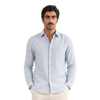 Premium Linen Stripes & Checks Fabric Light Denim & Brown Stripes 60 LEA Linen Fabric