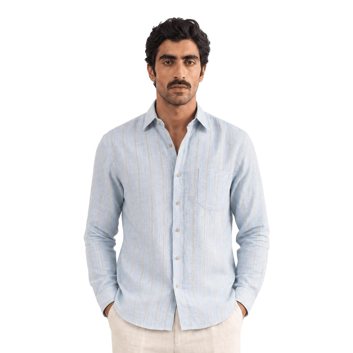 Premium Linen Stripes & Checks Fabric Light Denim & Brown Stripes 60 LEA Linen Fabric