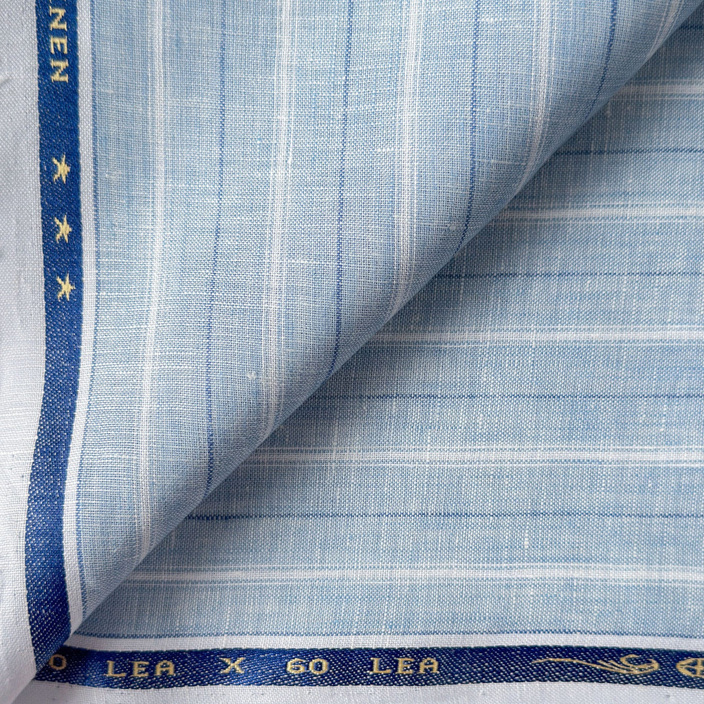 Premium Linen Stripes & Checks Fabric Light Denim & White-Blue Stripes 60 LEA Linen Fabric