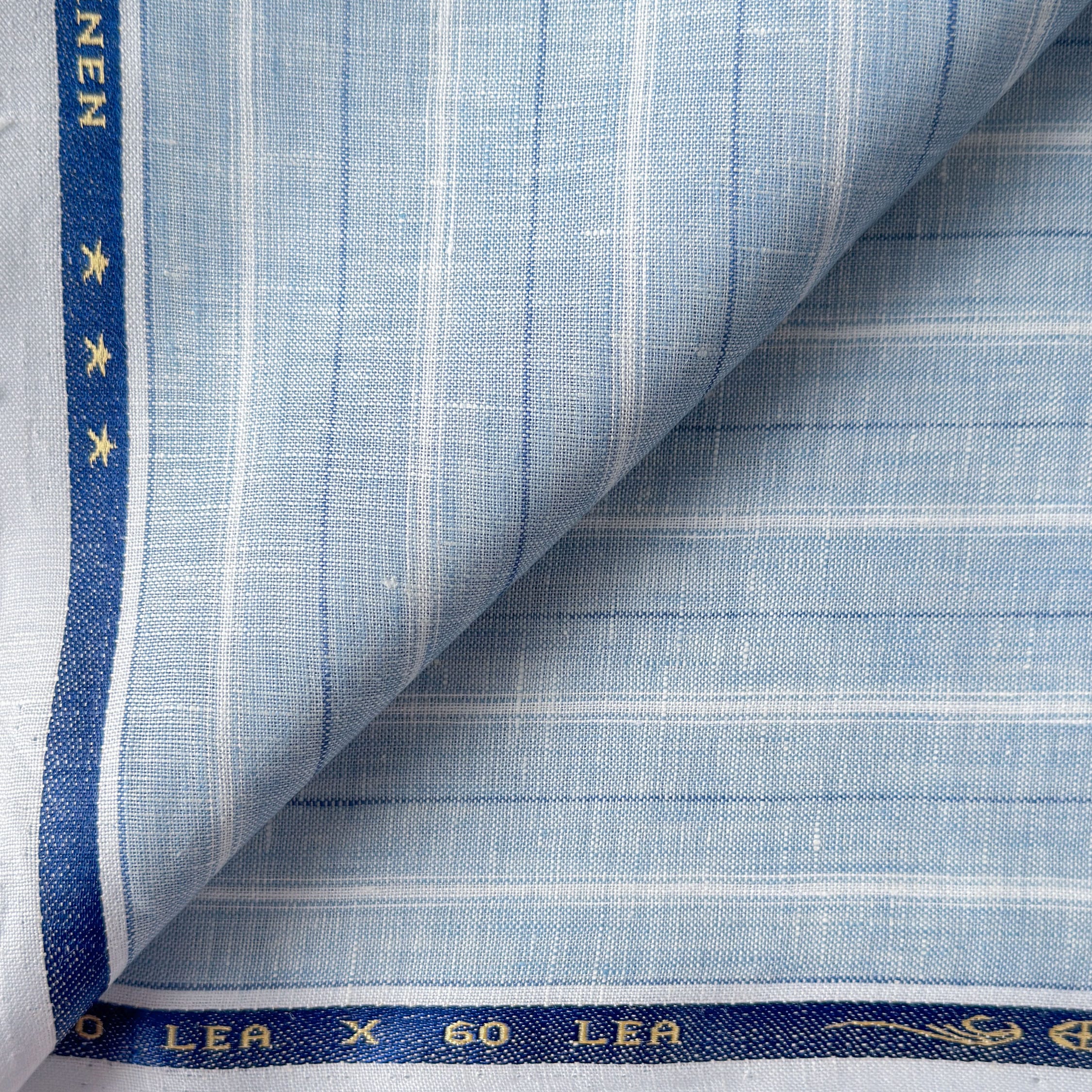Premium Linen Stripes & Checks Fabric Light Denim & White-Blue Stripes 60 LEA Linen Fabric