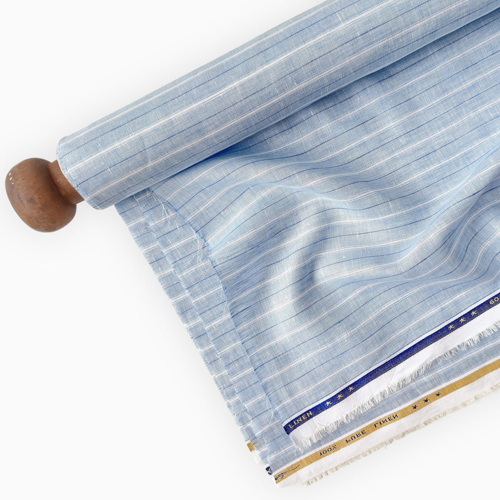 Premium Linen Stripes & Checks Fabric Light Denim & White-Blue Stripes 60 LEA Linen Fabric
