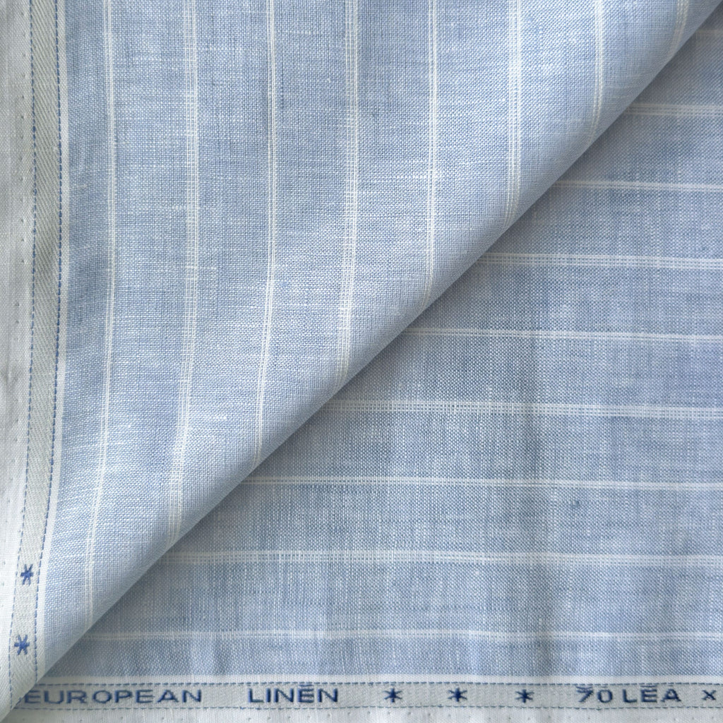 Premium Linen Stripes & Checks Fabric Light Denim & White Stripes 70 LEA Linen Fabric