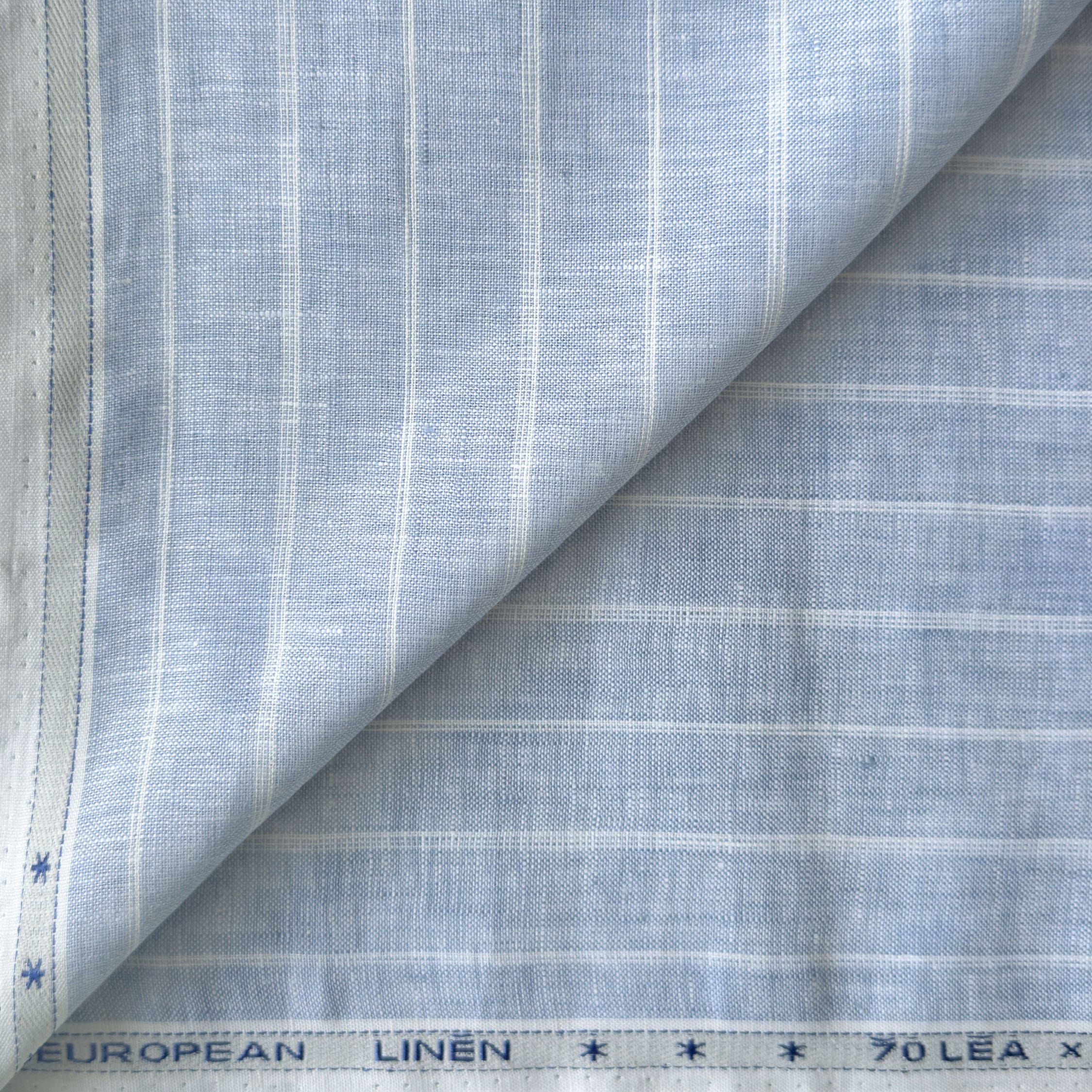 Premium Linen Stripes & Checks Fabric Light Denim & White Stripes 70 LEA Linen Fabric