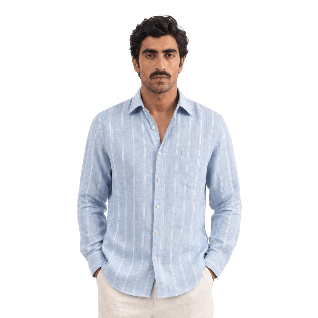 Premium Linen Stripes & Checks Fabric Light Denim & White Stripes 70 LEA Linen Fabric