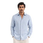 Premium Linen Stripes & Checks Fabric Light Denim & White Stripes 70 LEA Linen Fabric