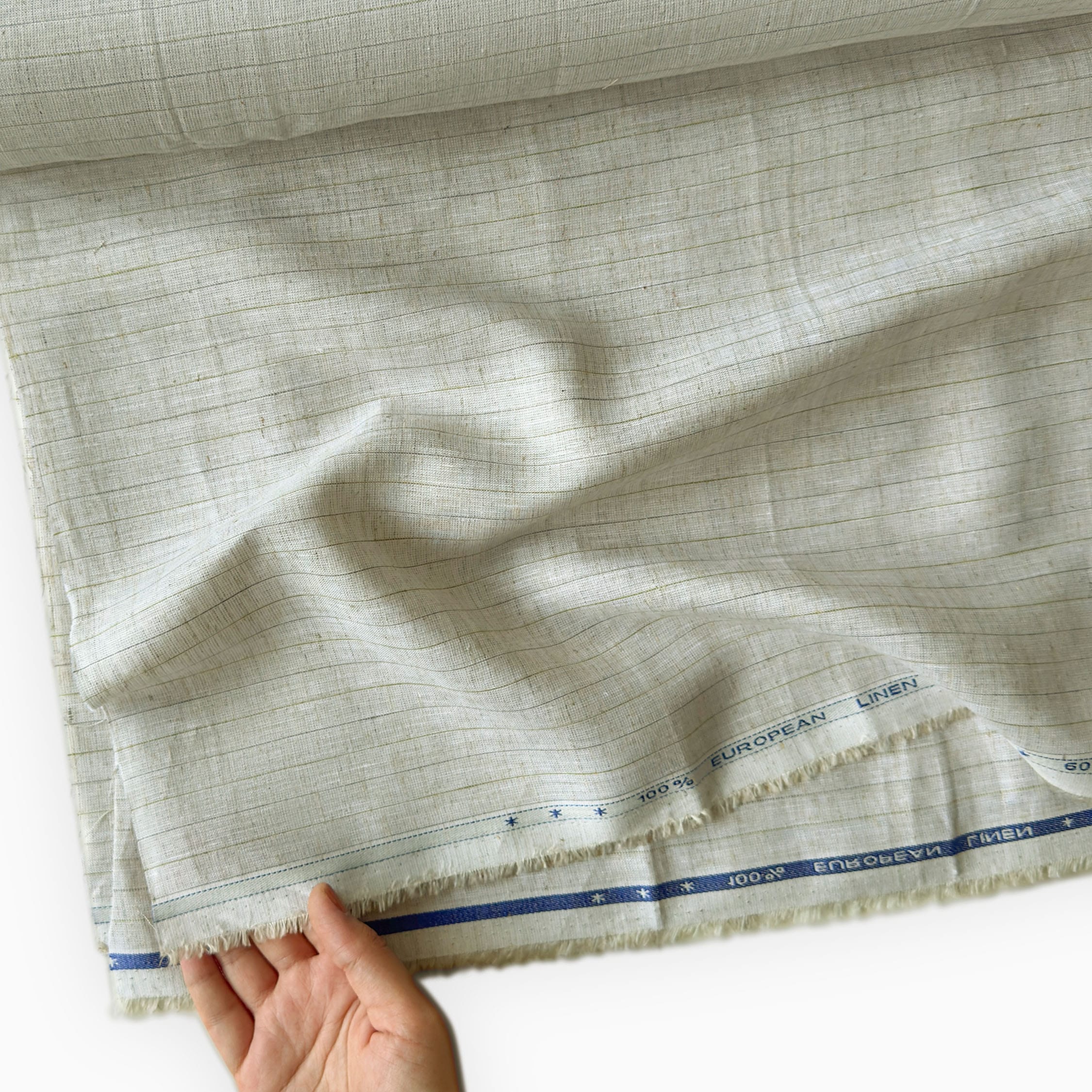 Premium Linen Stripes & Checks Fabric Natural Grey & Green-Grey Stripes 60 LEA Linen Fabric