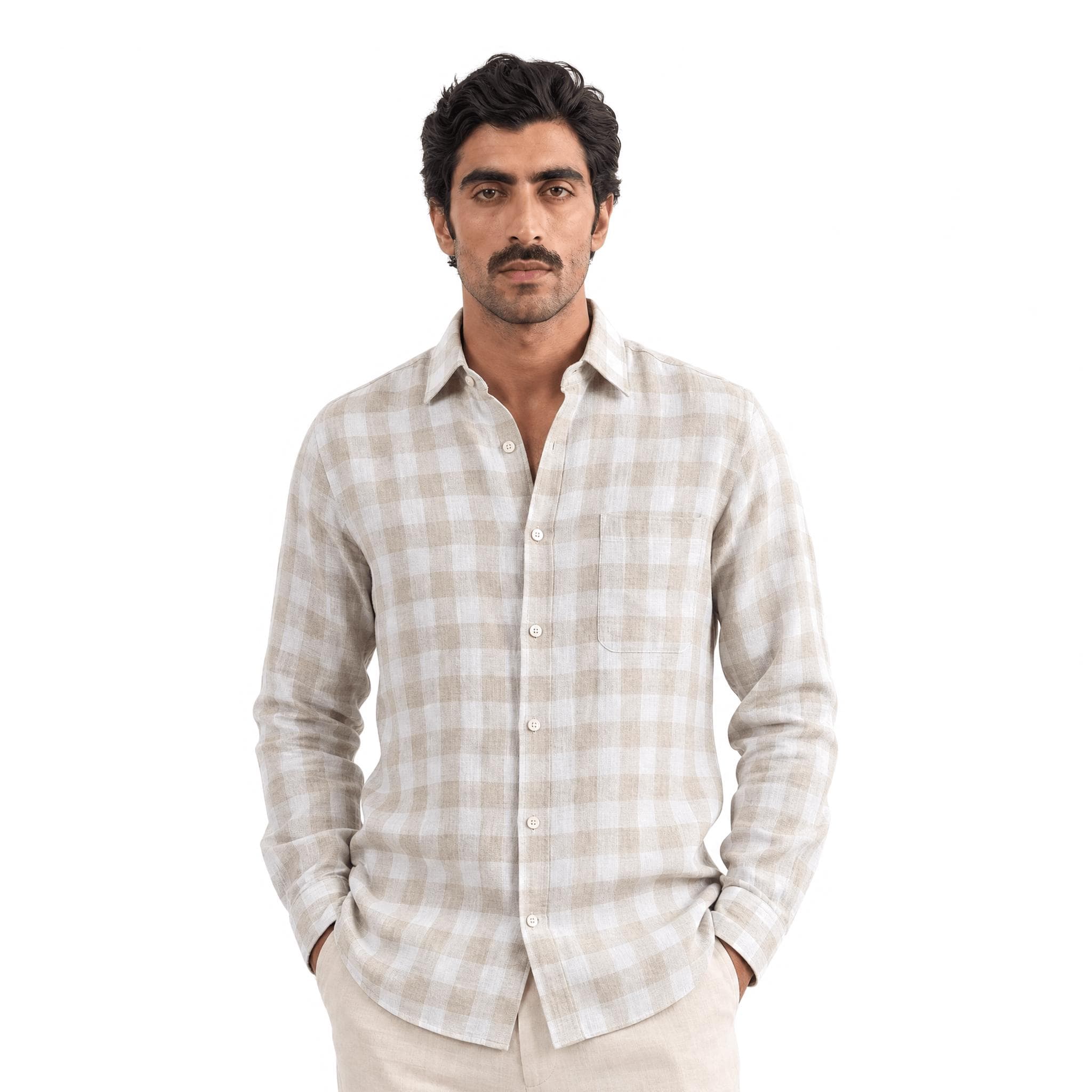 Premium Linen Stripes & Checks Fabric Natural Grey & White Checks 70 LEA Linen Fabric