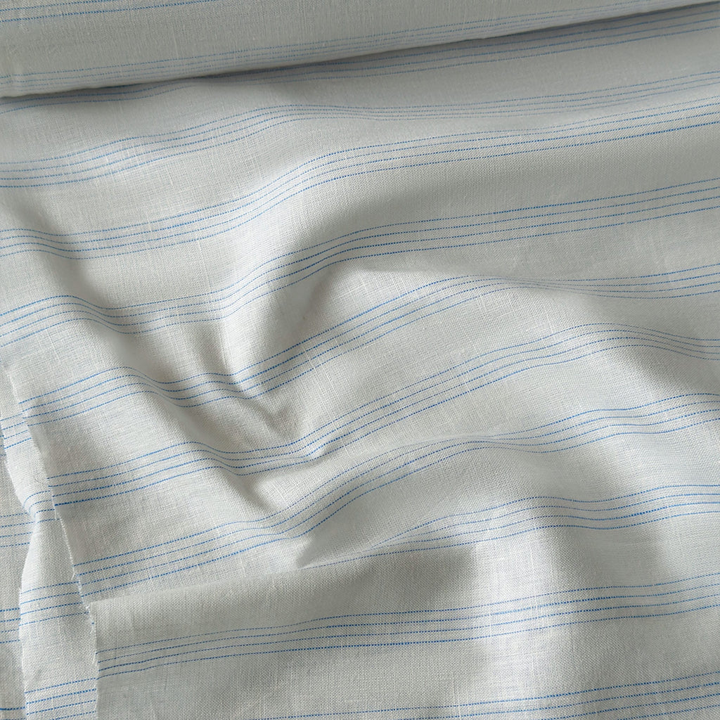 Premium Linen Stripes & Checks Fabric Natural White & Blue Stripes 60 LEA Linen Fabric