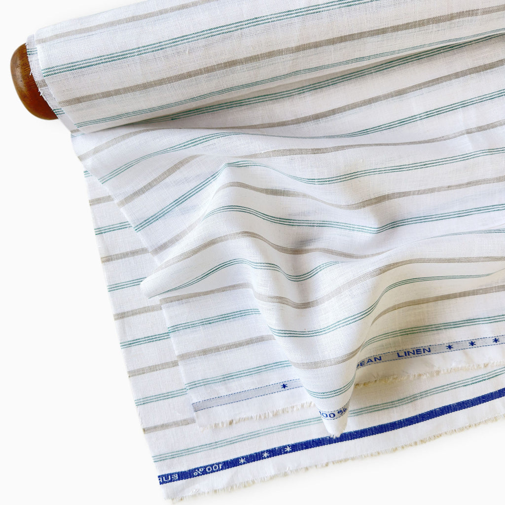 Premium Linen Stripes & Checks Fabric Natural White & Green-Grey Stripes 60 LEA Linen Fabric