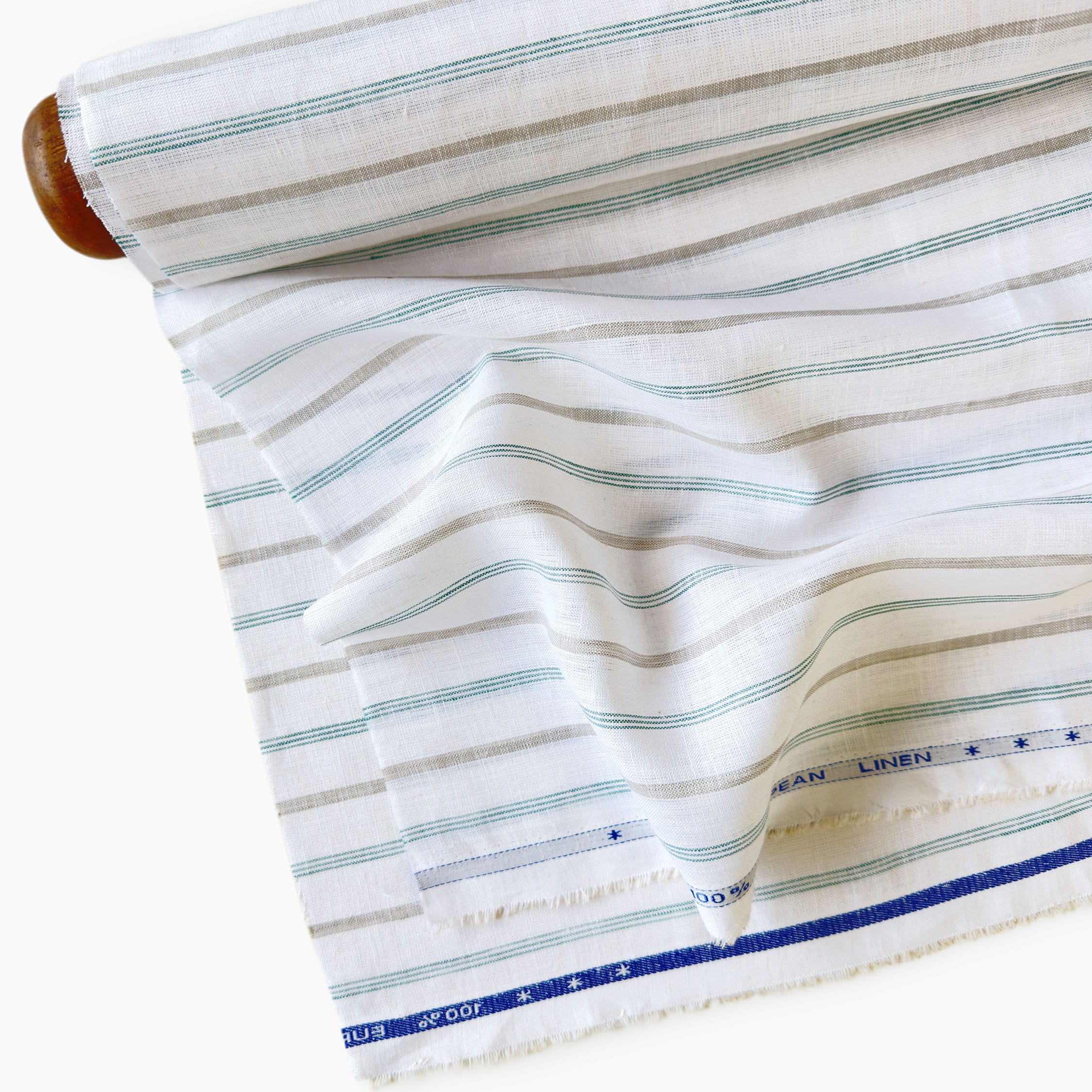 Premium Linen Stripes & Checks Fabric Natural White & Green-Grey Stripes 60 LEA Linen Fabric