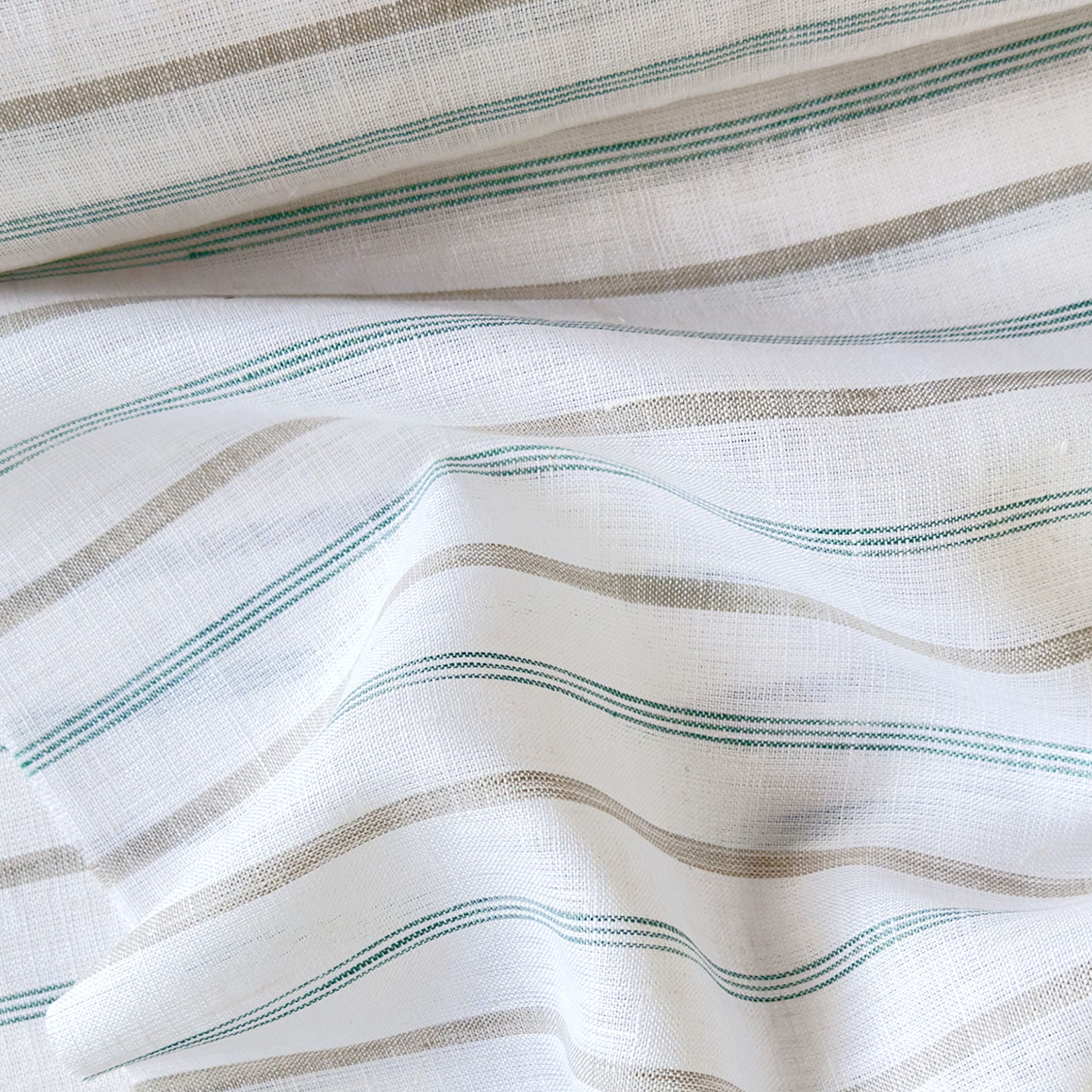 Premium Linen Stripes & Checks Fabric Natural White & Green-Grey Stripes 60 LEA Linen Fabric
