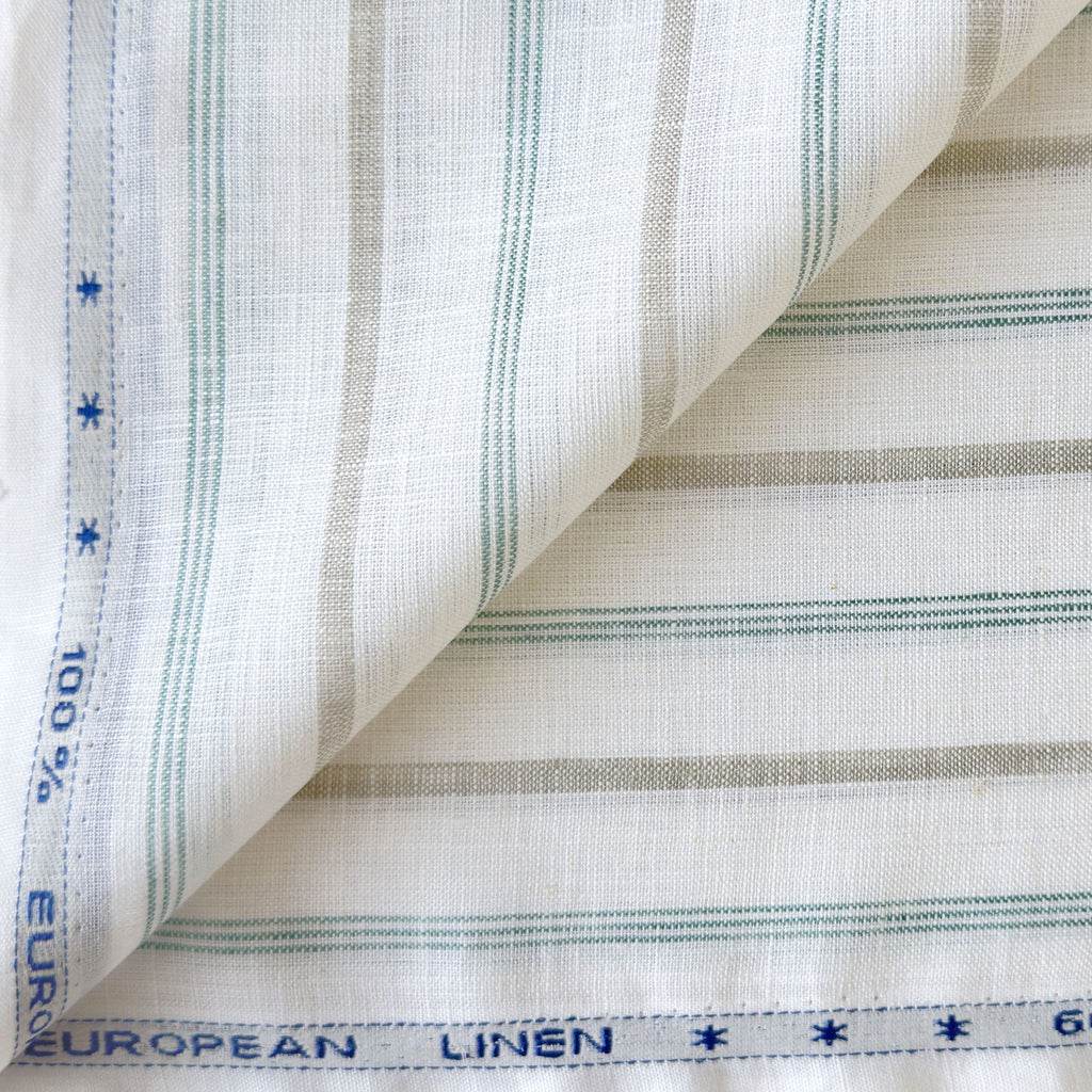 Premium Linen Stripes & Checks Fabric Natural White & Green-Grey Stripes 60 LEA Linen Fabric