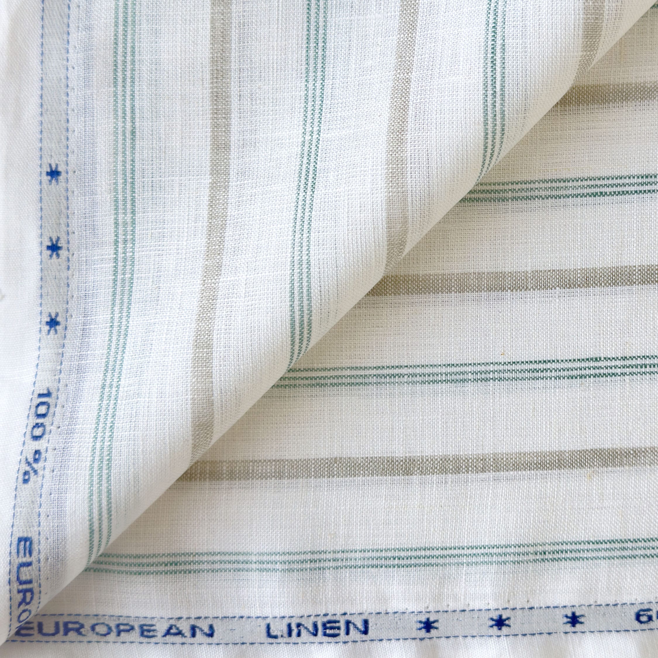 Premium Linen Stripes & Checks Fabric Natural White & Green-Grey Stripes 60 LEA Linen Fabric