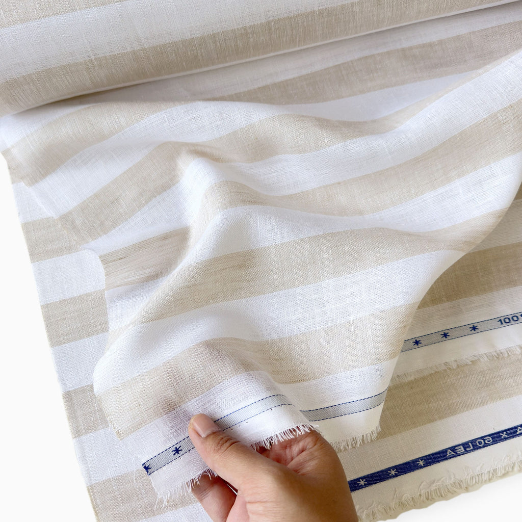 Premium Linen Stripes & Checks Fabric Off-White & Beige Stripes 60 LEA Linen Fabric