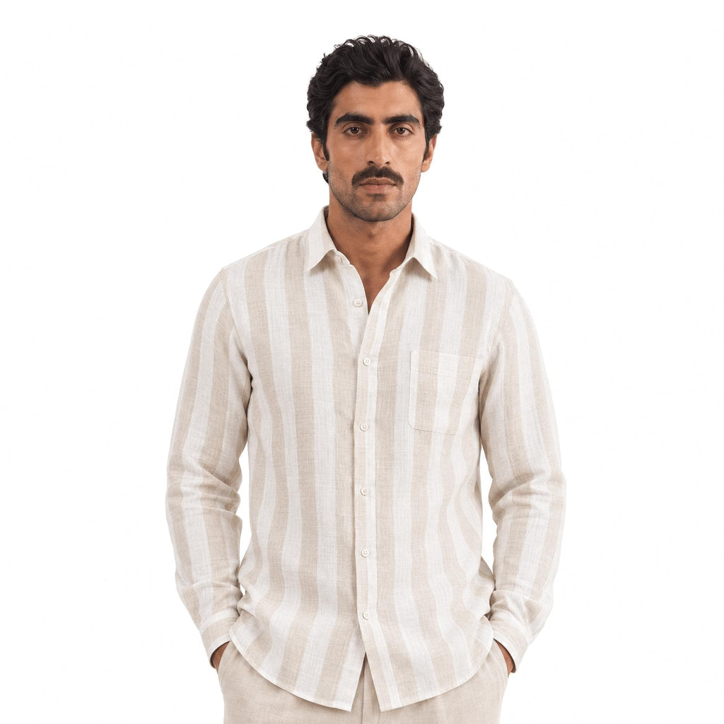Premium Linen Stripes & Checks Fabric Off-White & Beige Stripes 60 LEA Linen Fabric