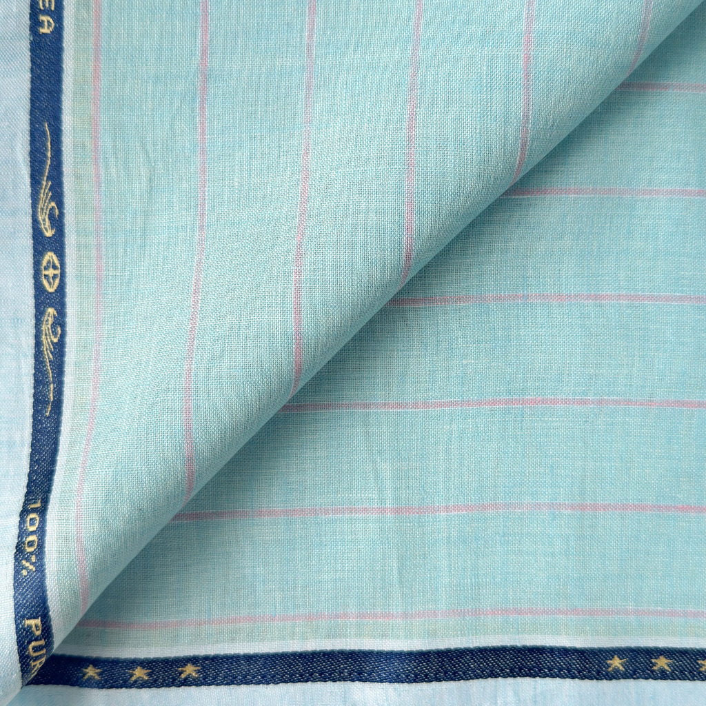 Premium Linen Stripes & Checks Fabric Pale Blue & Pink Stripes 60 LEA Linen Fabric