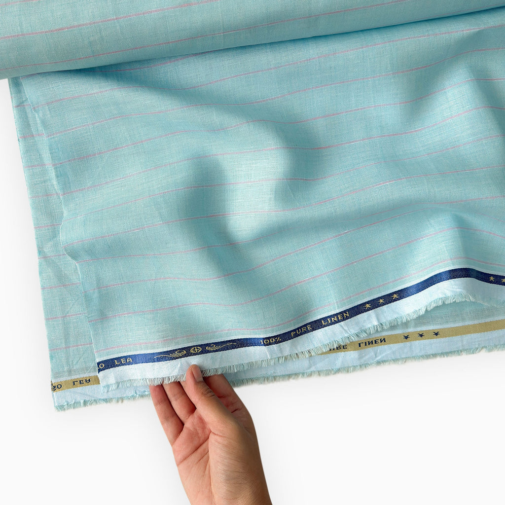 Premium Linen Stripes & Checks Fabric Pale Blue & Pink Stripes 60 LEA Linen Fabric