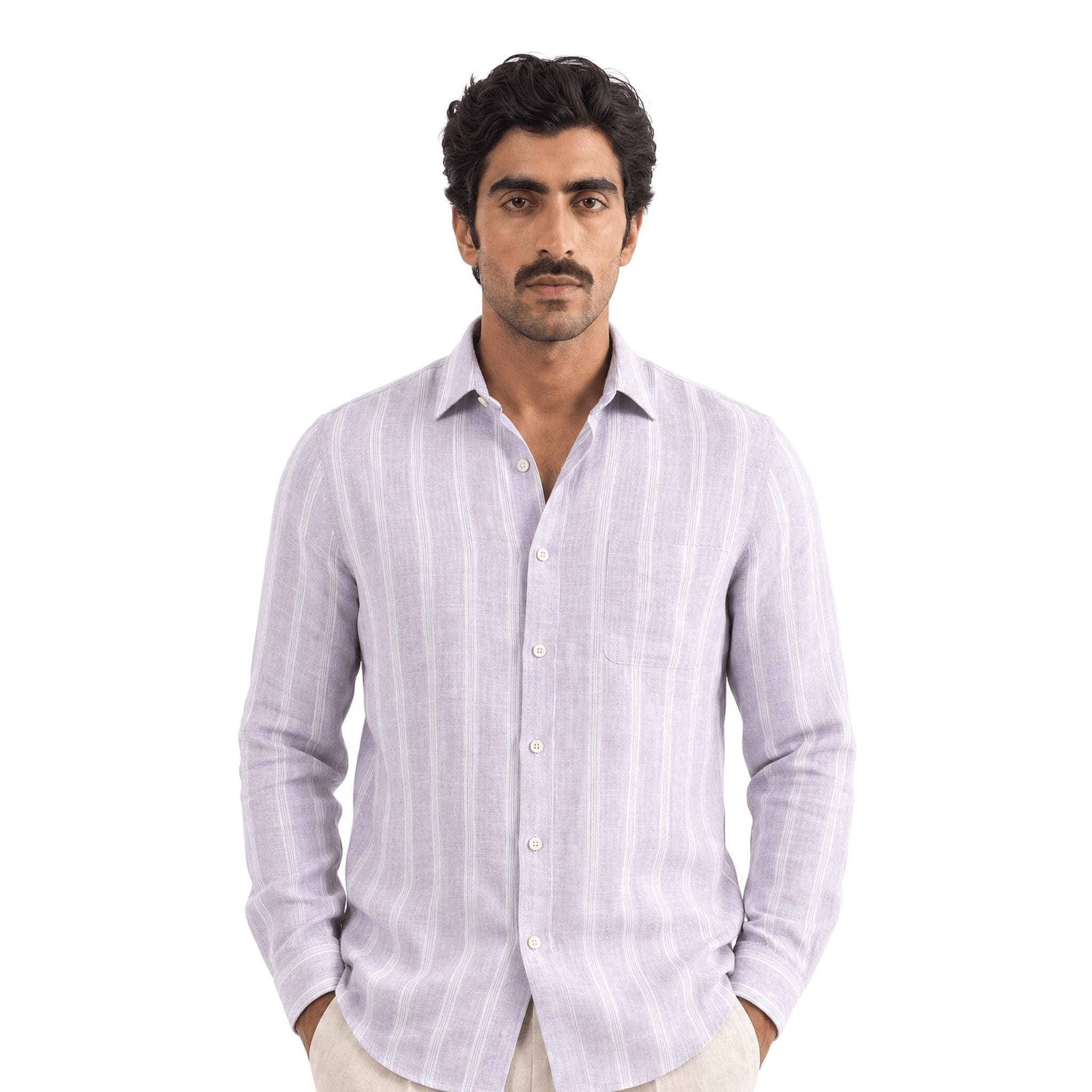 Premium Linen Stripes & Checks Fabric Pastel Lilac & White Stripes 60 LEA Linen Fabric