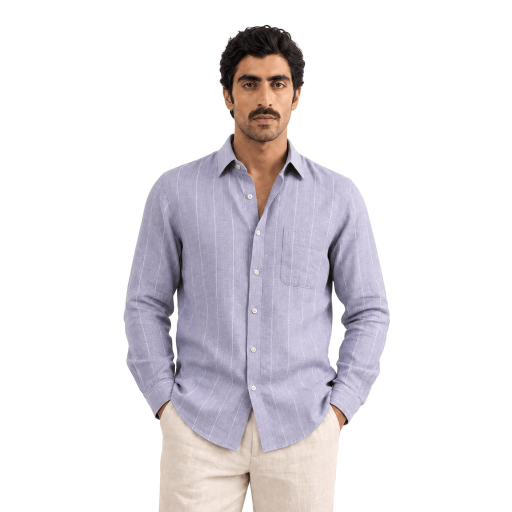 Premium Linen Stripes & Checks Fabric Persian Violet & White Stripes 60 LEA Linen Fabric