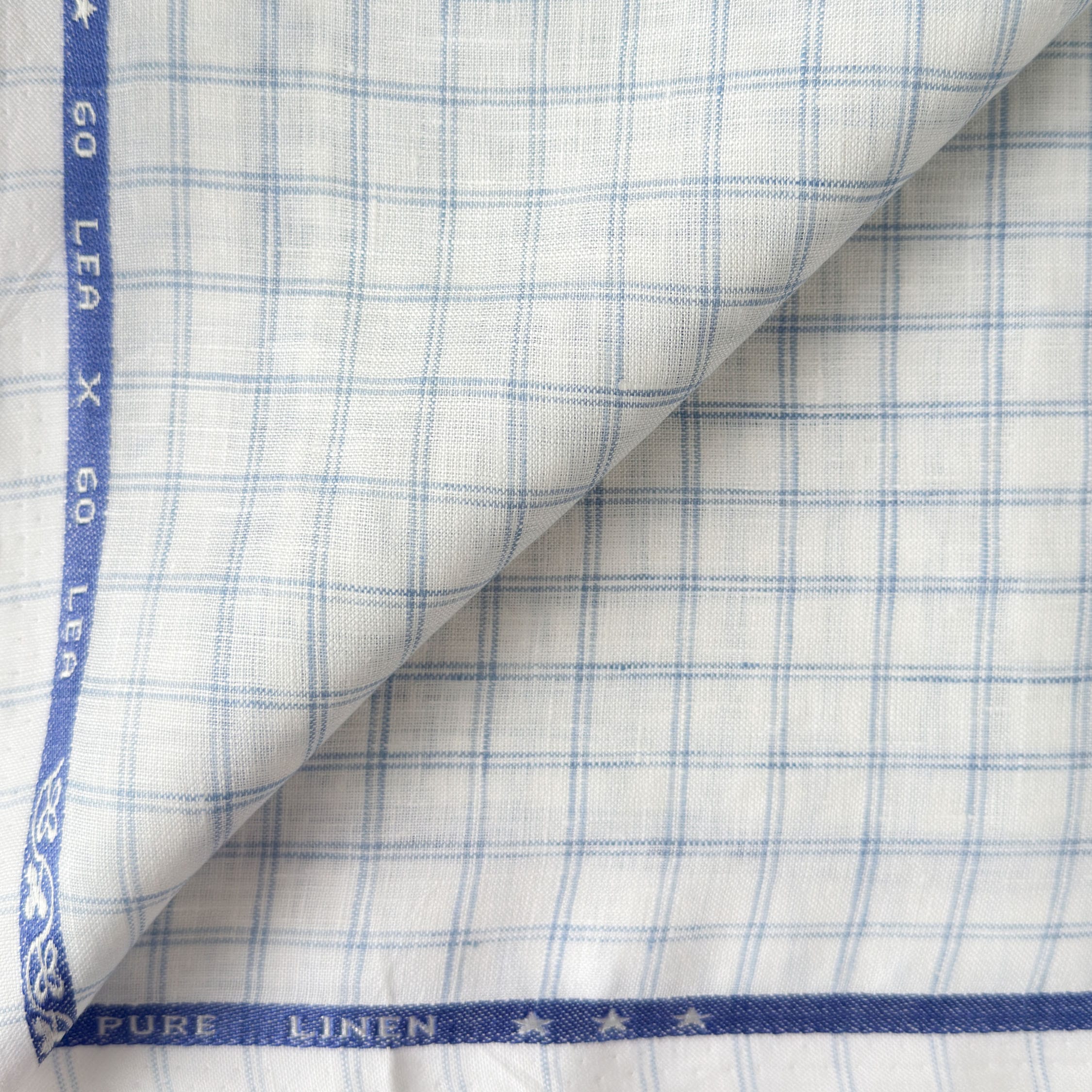 Premium Linen Stripes & Checks Fabric Pure White & Baby Blue Checks 60 LEA Linen Fabric