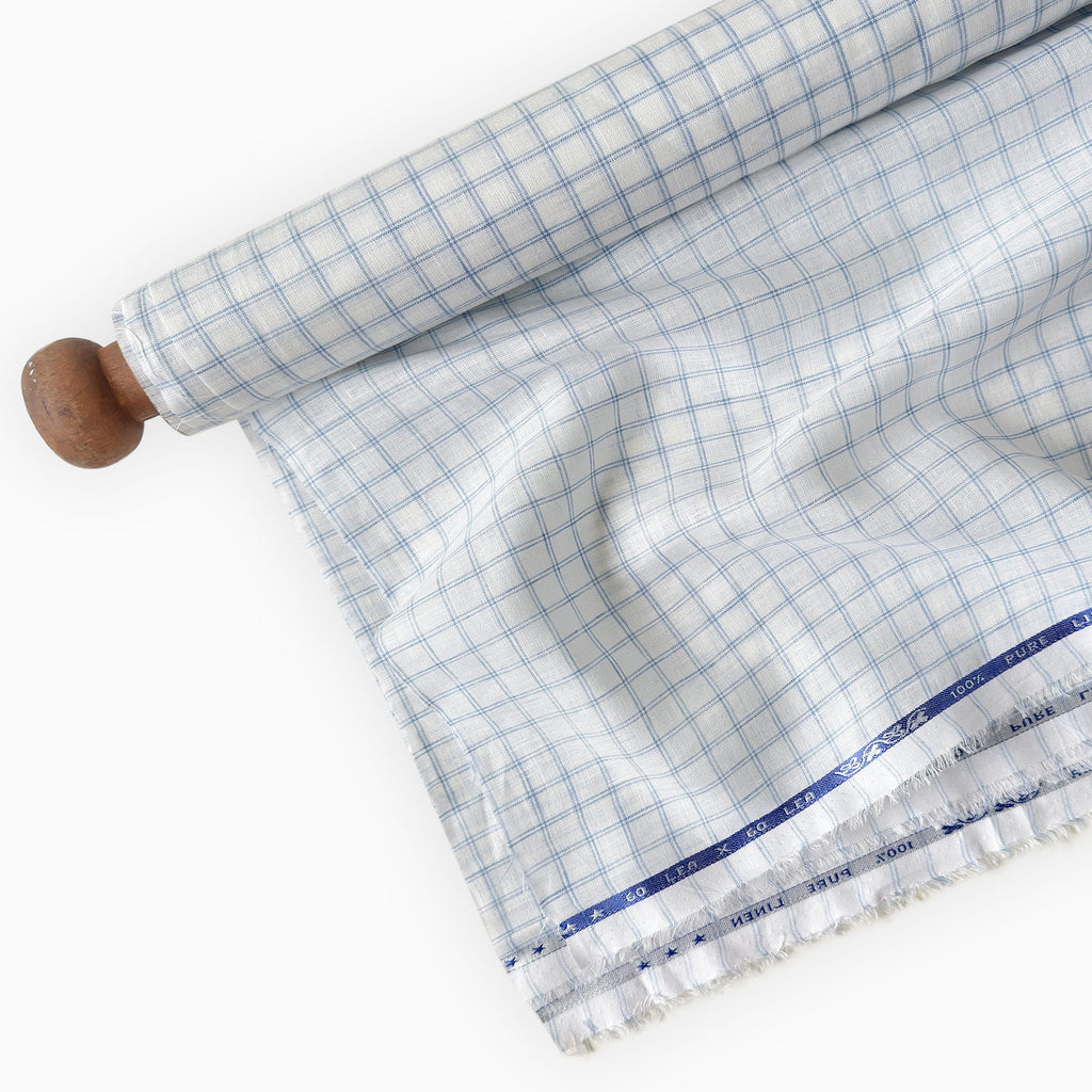 Premium Linen Stripes & Checks Fabric Pure White & Baby Blue Checks 60 LEA Linen Fabric
