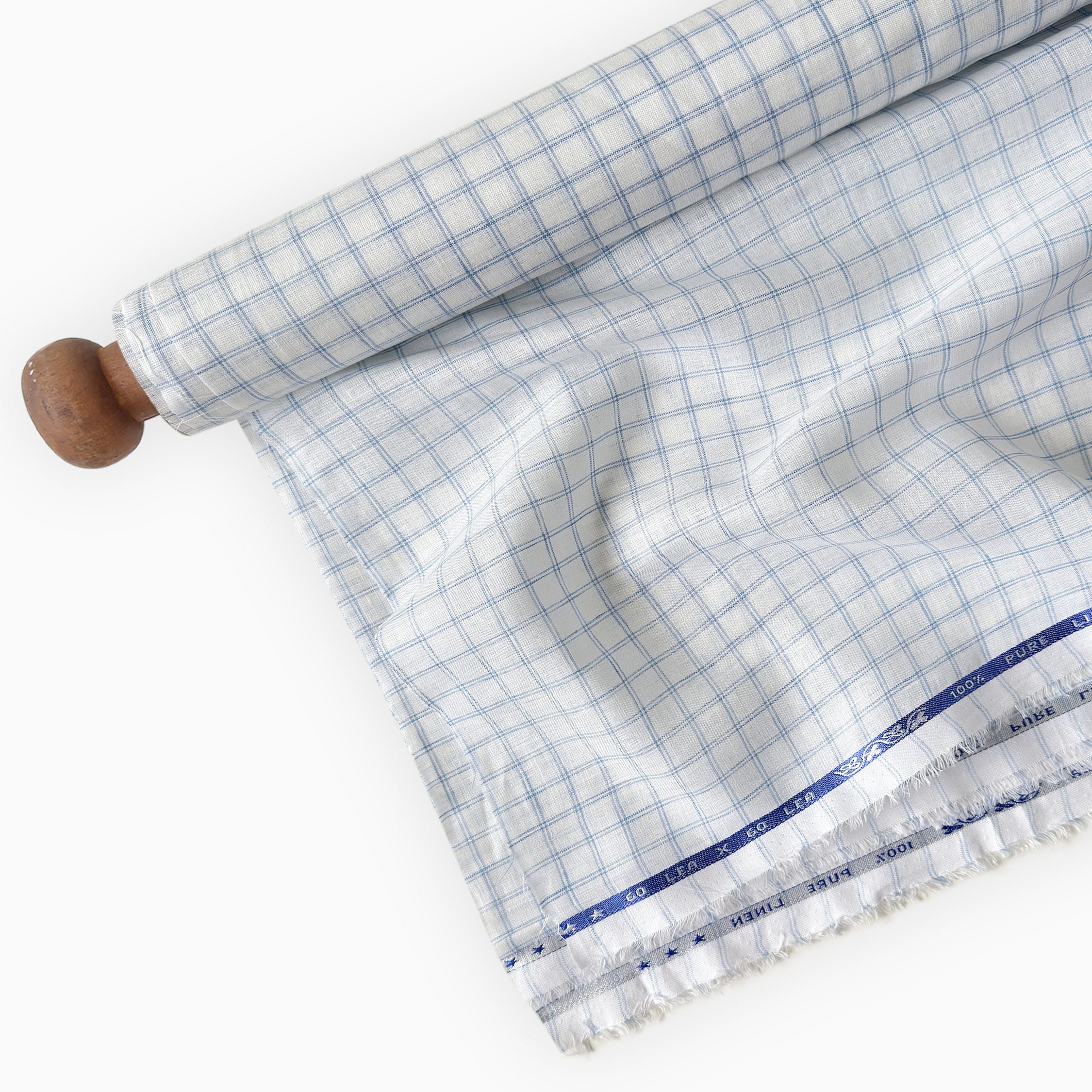 Premium Linen Stripes & Checks Fabric Pure White & Baby Blue Checks 60 LEA Linen Fabric