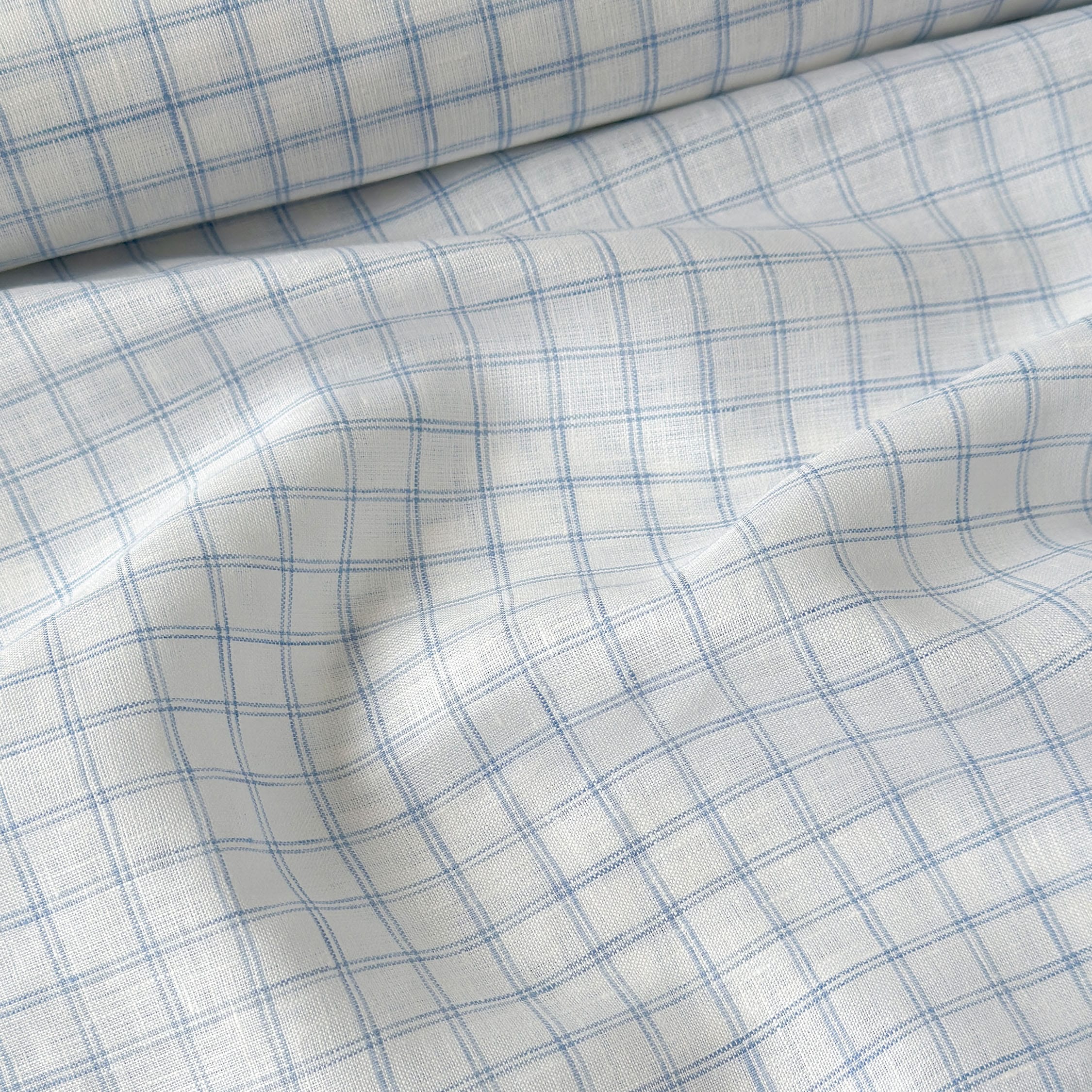 Premium Linen Stripes & Checks Fabric Pure White & Baby Blue Checks 60 LEA Linen Fabric