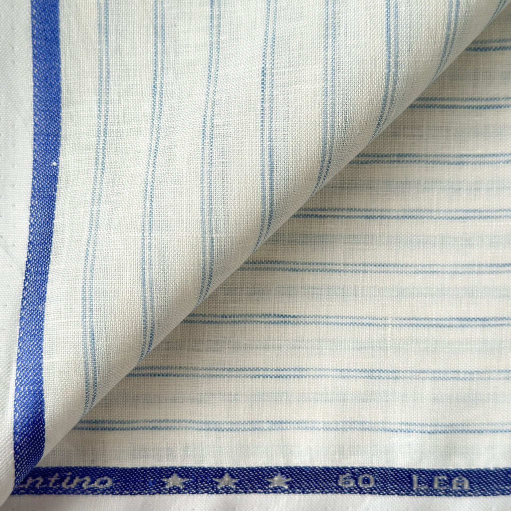 Premium Linen Stripes & Checks Fabric Pure White & Baby Blue Stripes 60 LEA Linen Fabric