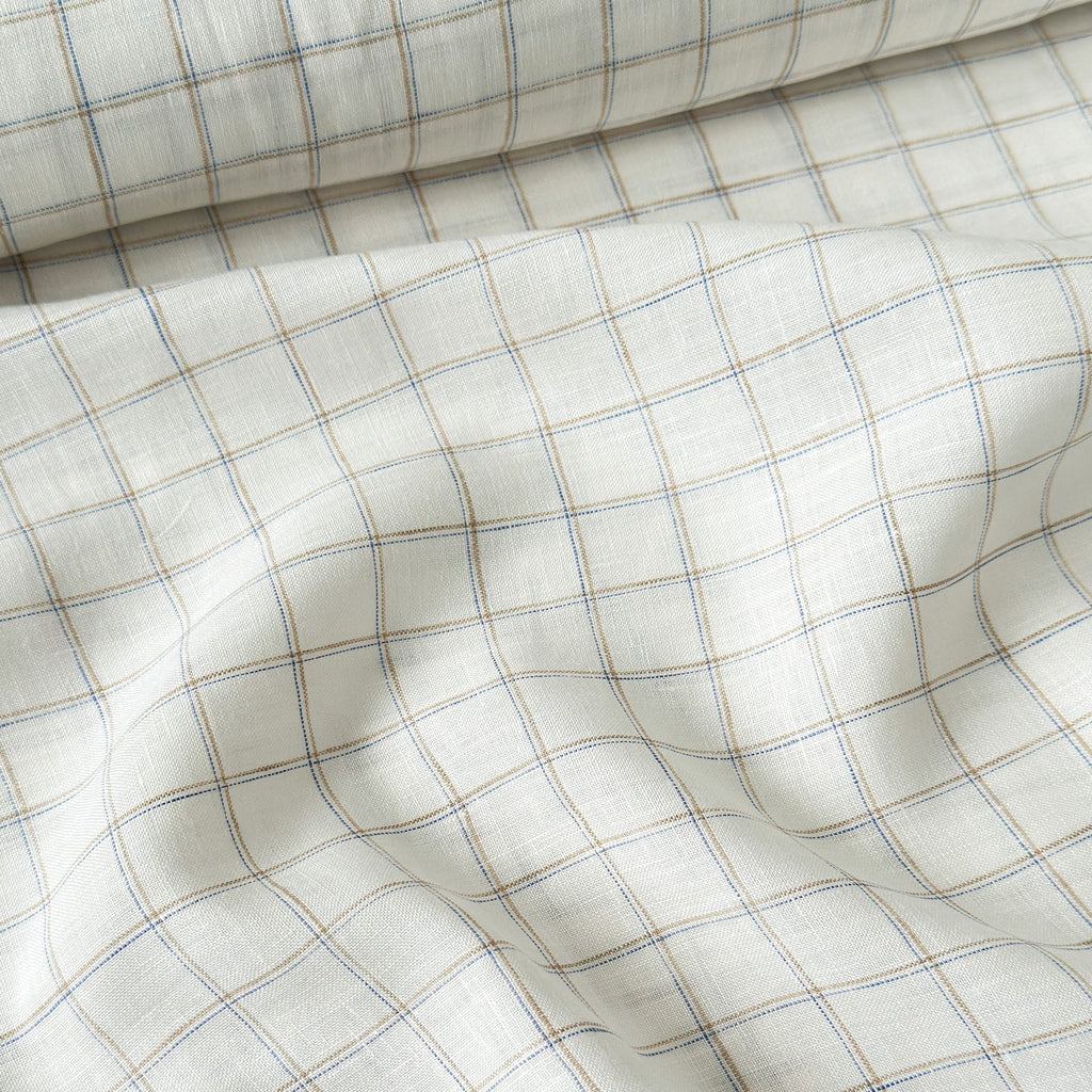 Premium Linen Stripes & Checks Fabric Pure White & Beige-Blue Checks 60 LEA Linen Fabric