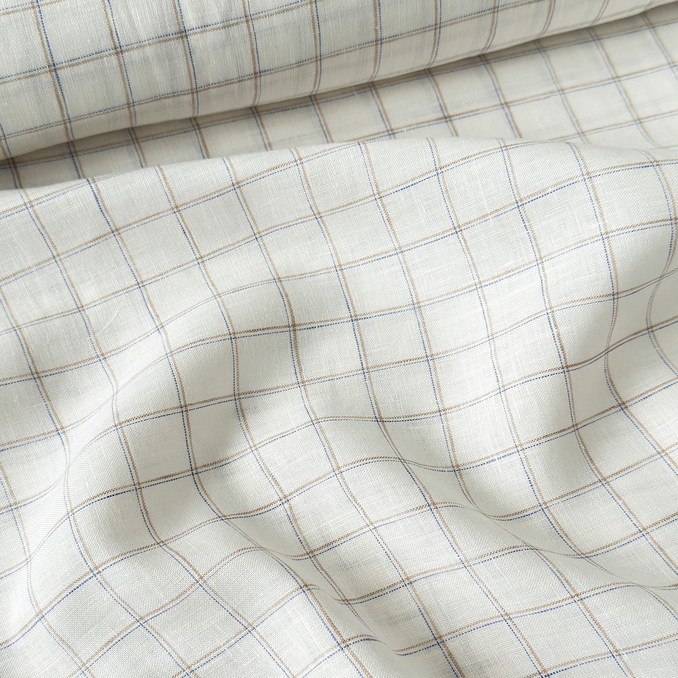 Premium Linen Stripes & Checks Fabric Pure White & Beige-Blue Checks 60 LEA Linen Fabric