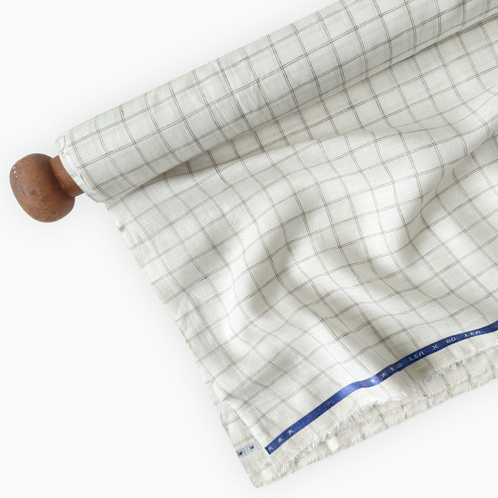 Premium Linen Stripes & Checks Fabric Pure White & Beige-Blue Checks 60 LEA Linen Fabric