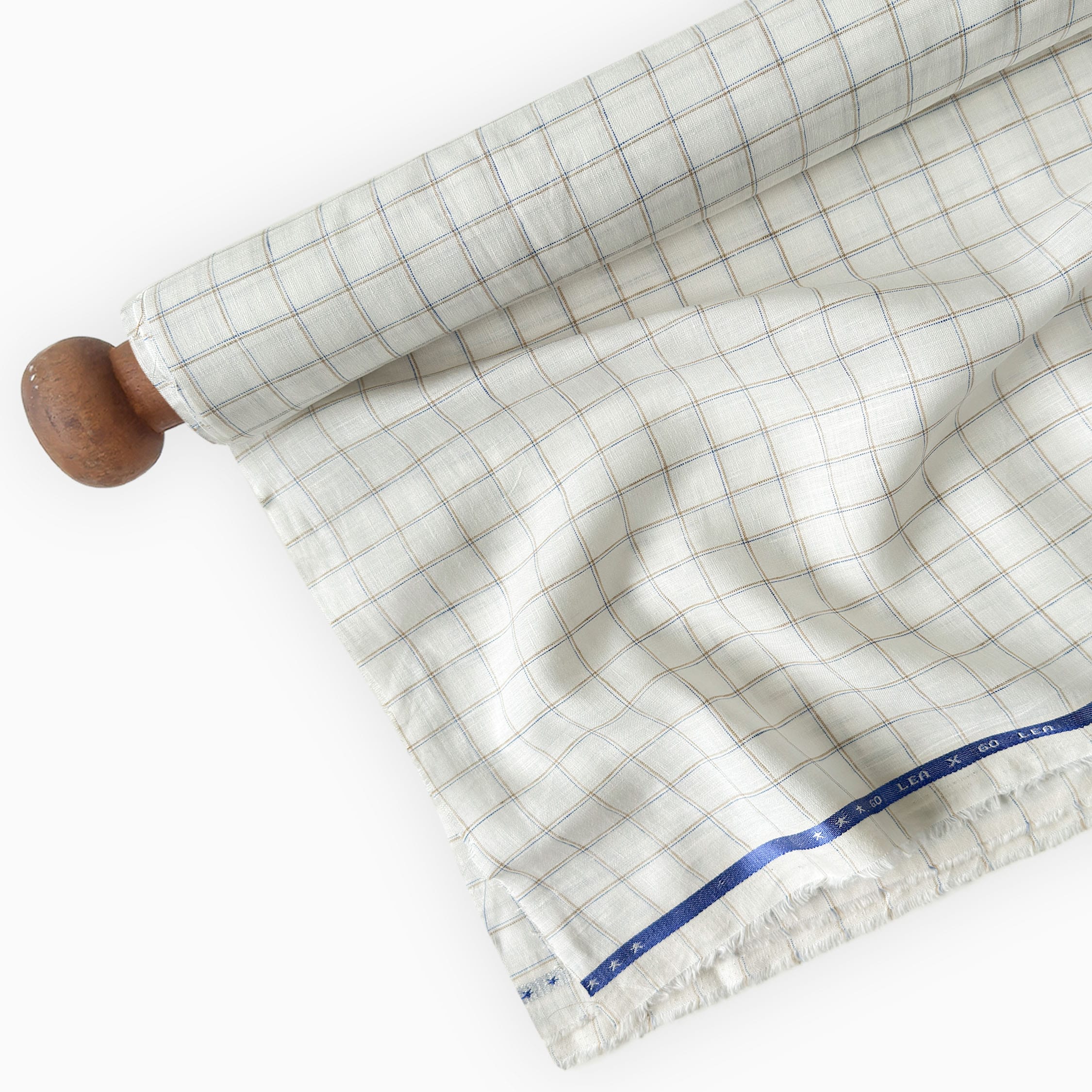 Premium Linen Stripes & Checks Fabric Pure White & Beige-Blue Checks 60 LEA Linen Fabric