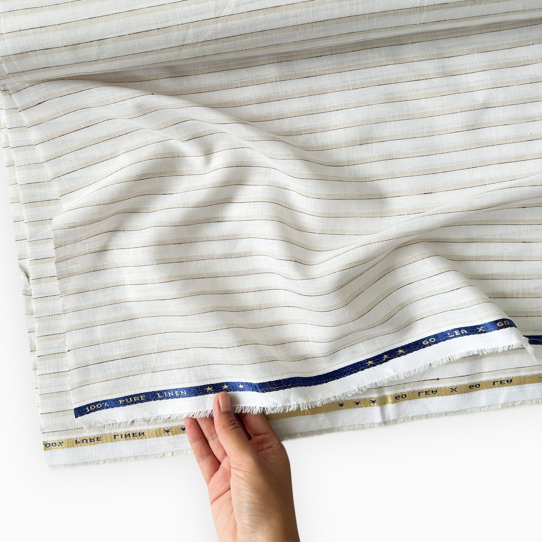 Premium Linen Stripes & Checks Fabric Pure White & Biege-Brown Stripes 60 LEA Linen Fabric