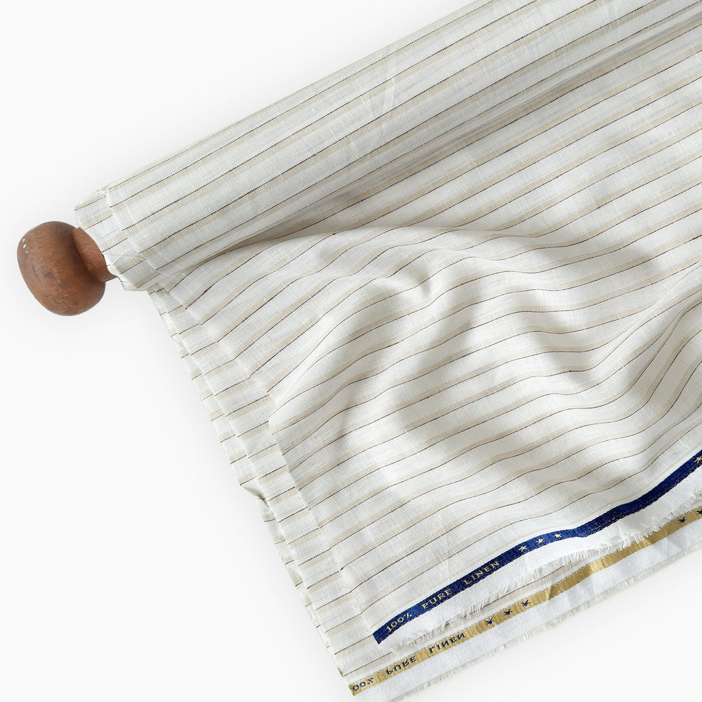 Premium Linen Stripes & Checks Fabric Pure White & Biege-Brown Stripes 60 LEA Linen Fabric