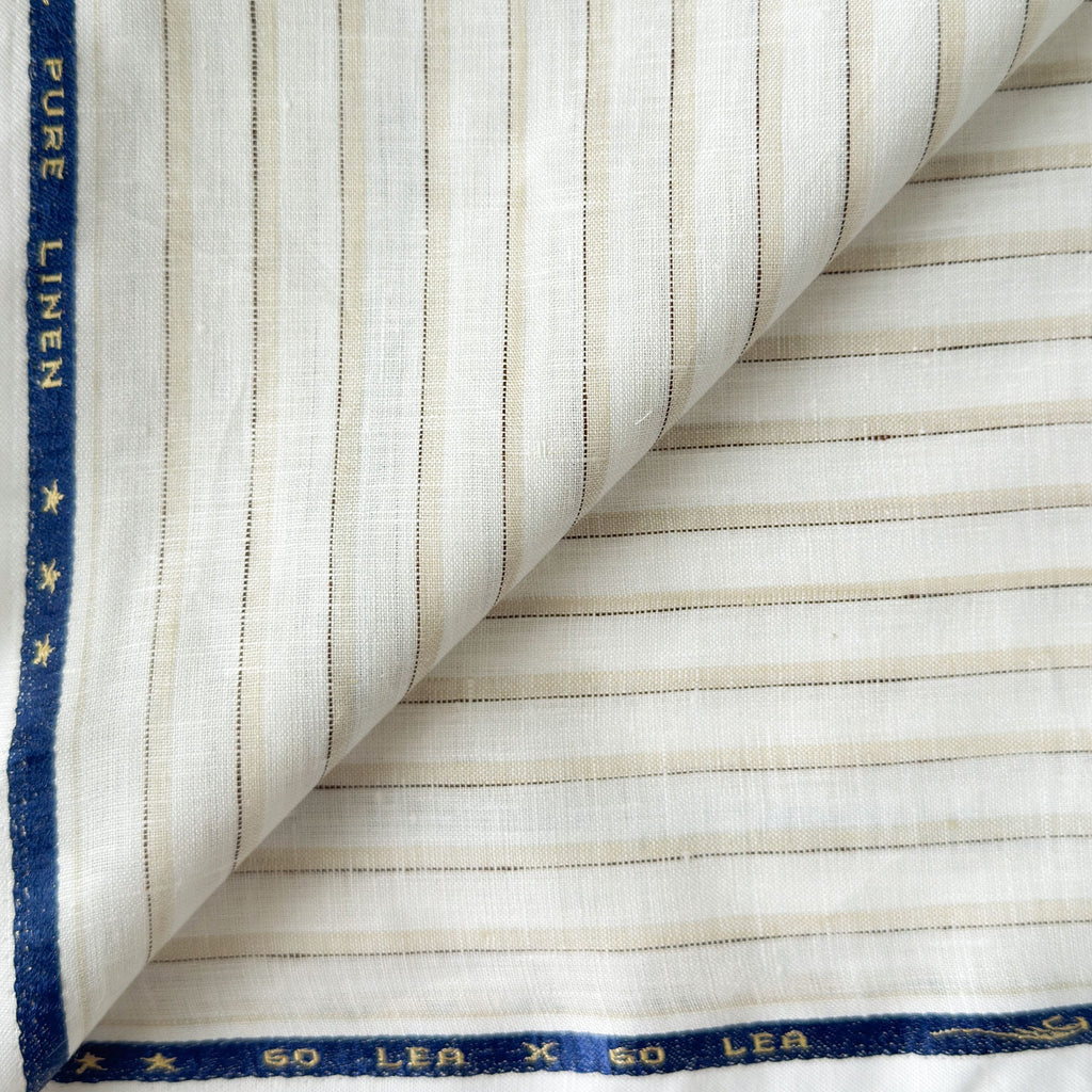 Premium Linen Stripes & Checks Fabric Pure White & Biege-Brown Stripes 60 LEA Linen Fabric
