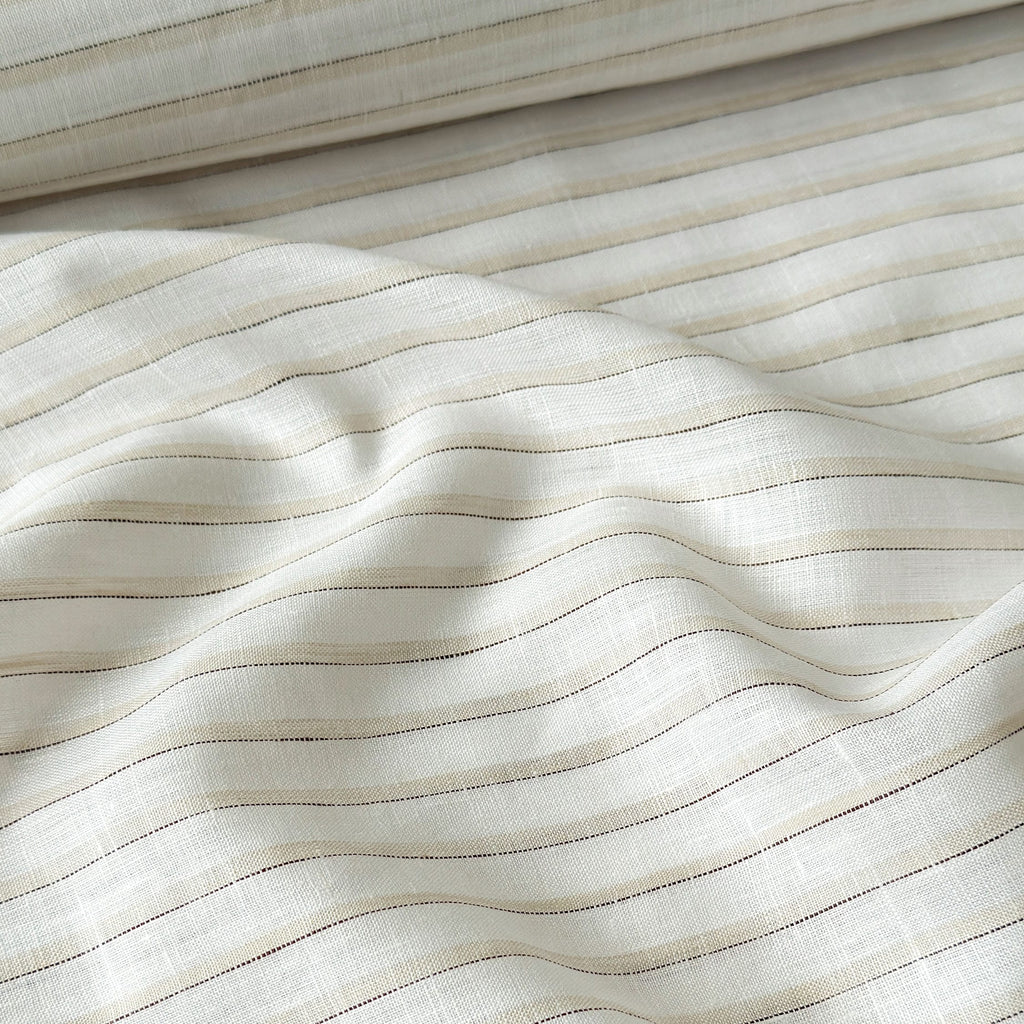 Premium Linen Stripes & Checks Fabric Pure White & Biege-Brown Stripes 60 LEA Linen Fabric