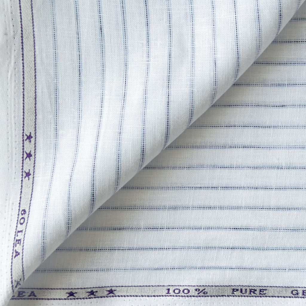 Premium Linen Stripes & Checks Fabric Pure White & Blue-Black Stripes 60 LEA Linen Fabric