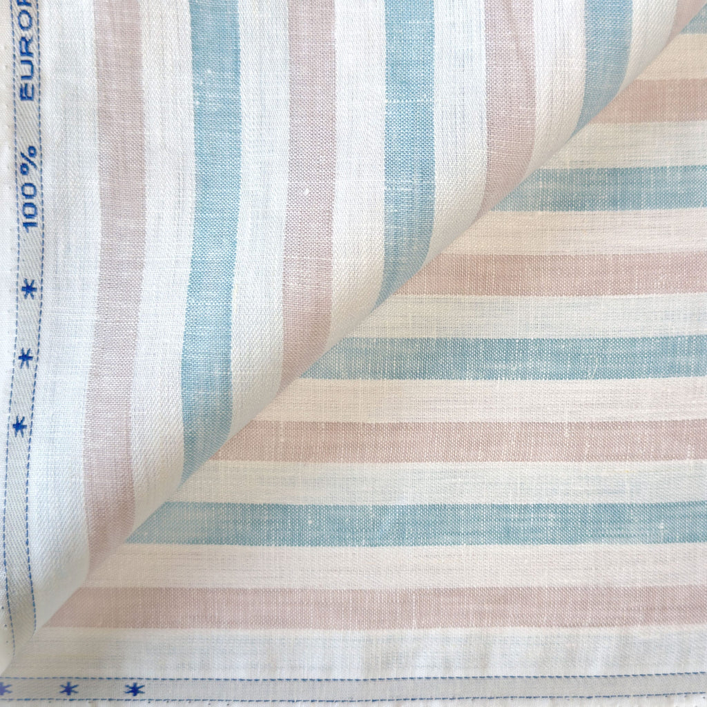 Premium Linen Stripes & Checks Fabric Pure White & Blue-Brown Stripes 60 LEA Linen Fabric