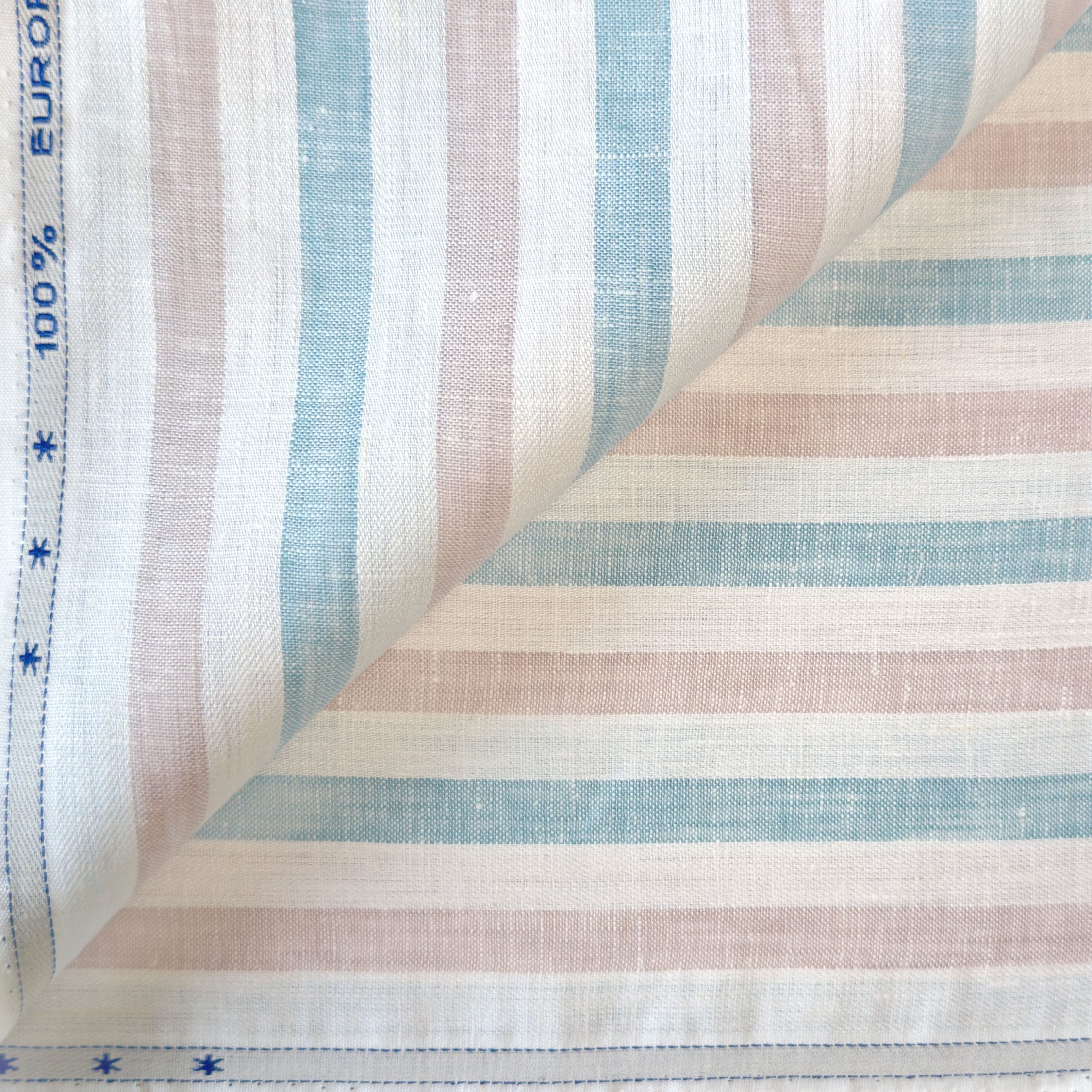 Premium Linen Stripes & Checks Fabric Pure White & Blue-Brown Stripes 60 LEA Linen Fabric
