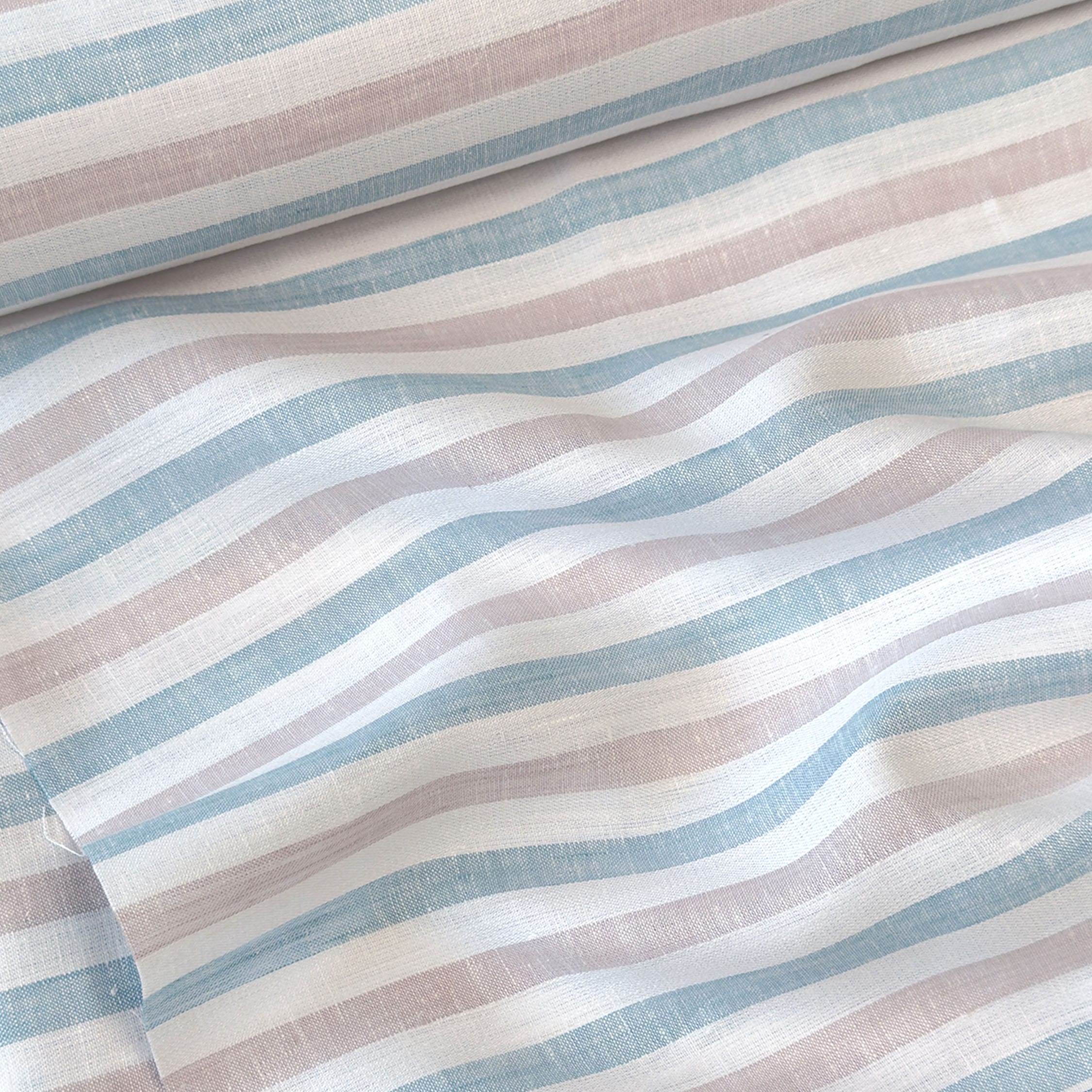 Premium Linen Stripes & Checks Fabric Pure White & Blue-Brown Stripes 60 LEA Linen Fabric