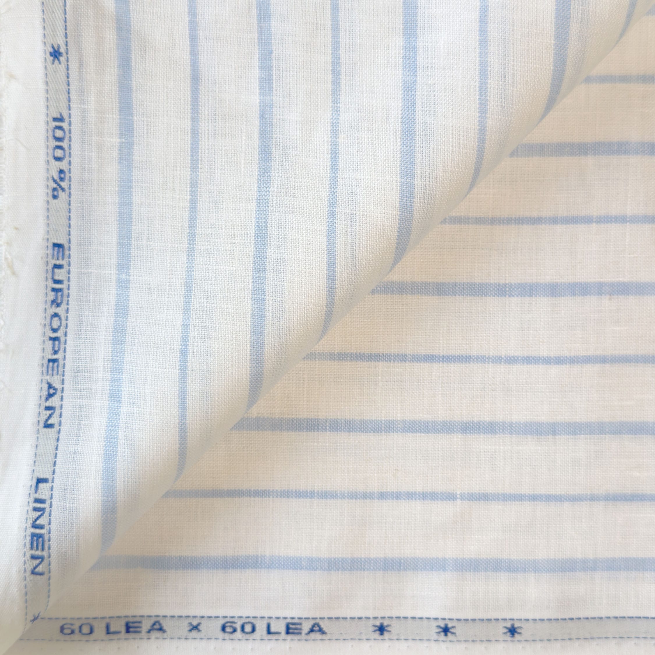 Premium Linen Stripes & Checks Fabric Pure White & Blue Stripes 60 LEA Linen Fabric