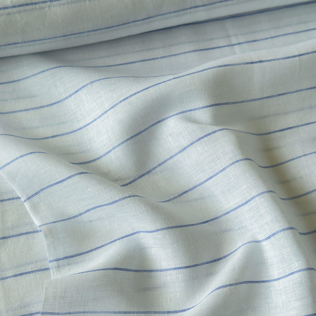 Premium Linen Stripes & Checks Fabric Pure White & Blue Stripes 60 LEA Linen Fabric