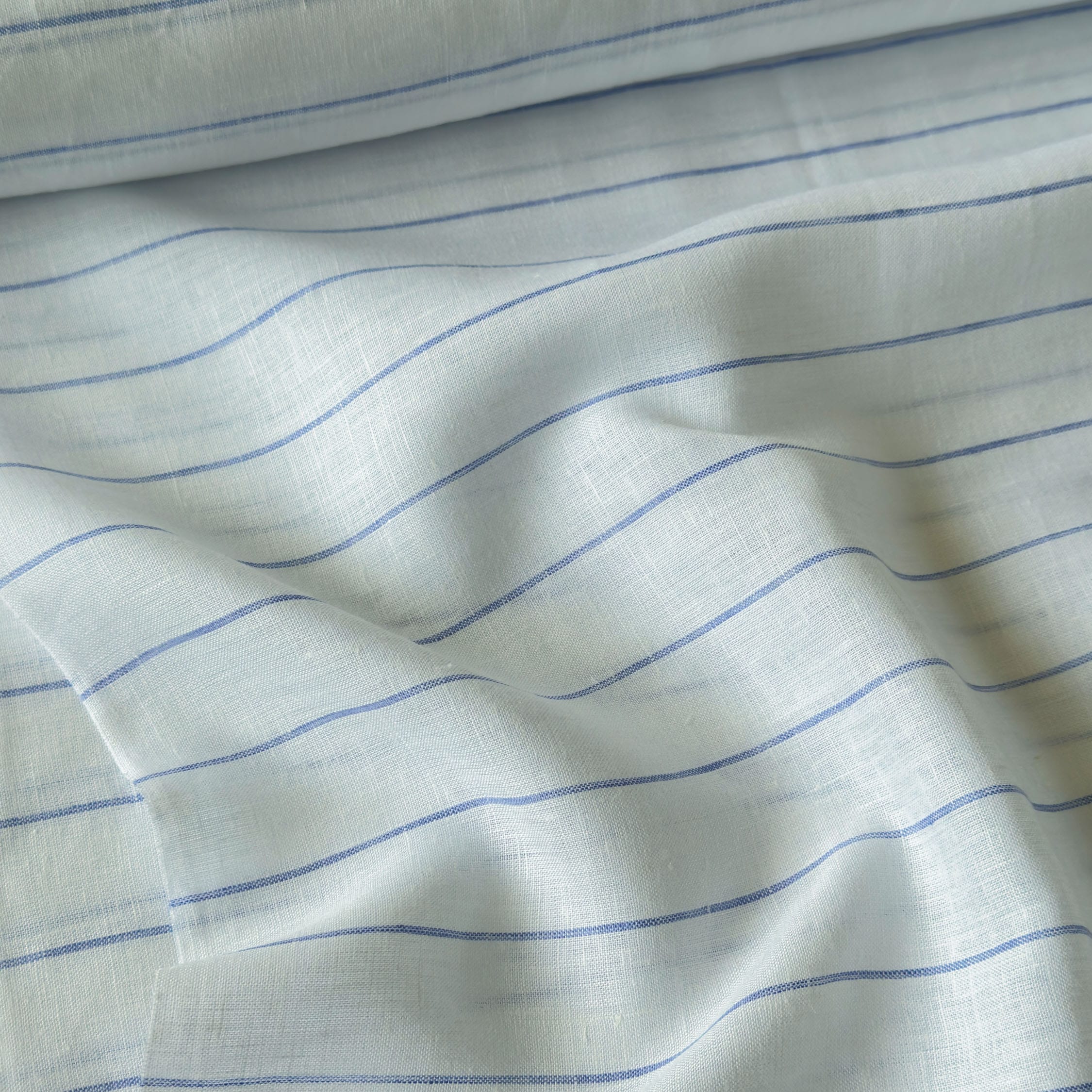 Premium Linen Stripes & Checks Fabric Pure White & Blue Stripes 60 LEA Linen Fabric
