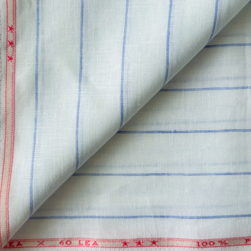 Premium Linen Stripes & Checks Fabric Pure White & Blue Stripes 60 LEA Linen Fabric