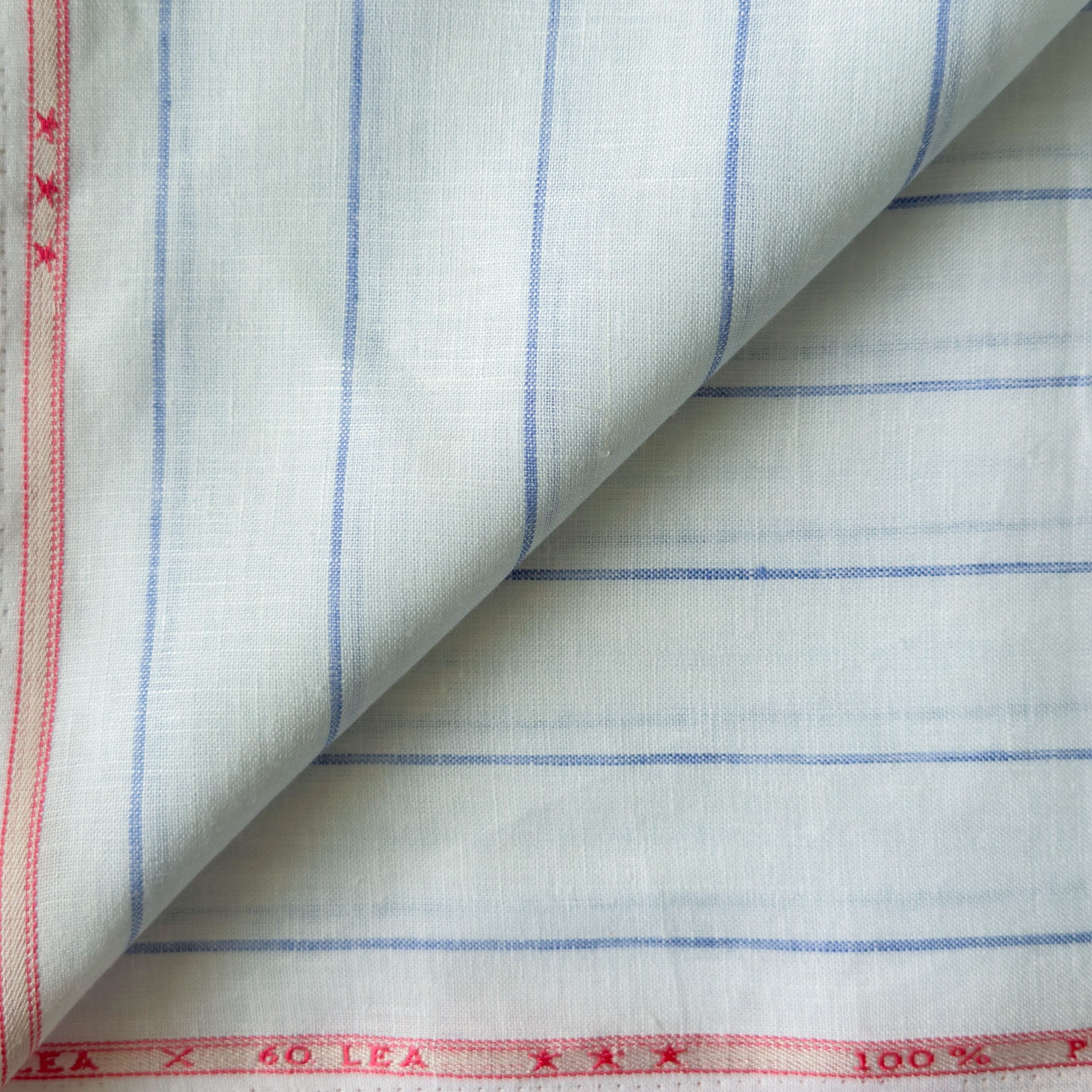 Premium Linen Stripes & Checks Fabric Pure White & Blue Stripes 60 LEA Linen Fabric