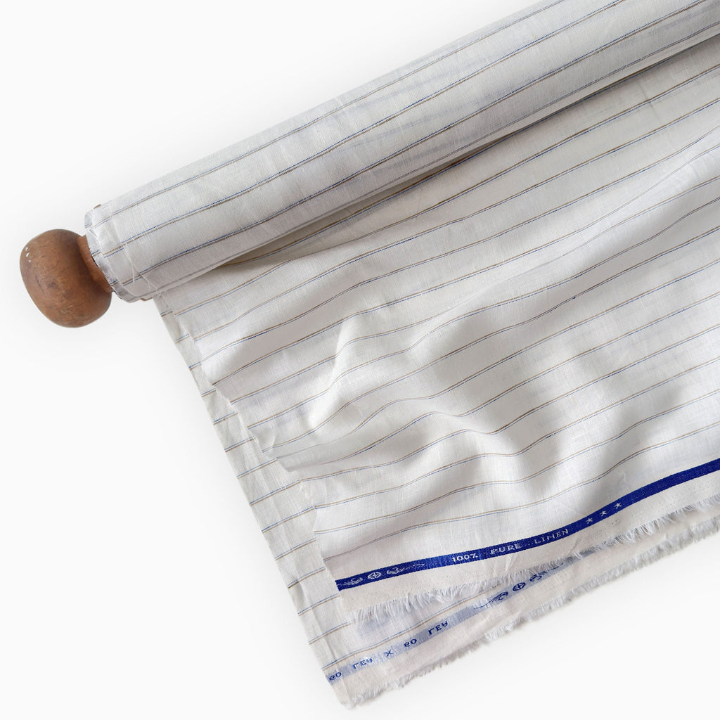 Premium Linen Stripes & Checks Fabric Pure White & Brown-Blue Stripes 60 LEA Linen Fabric