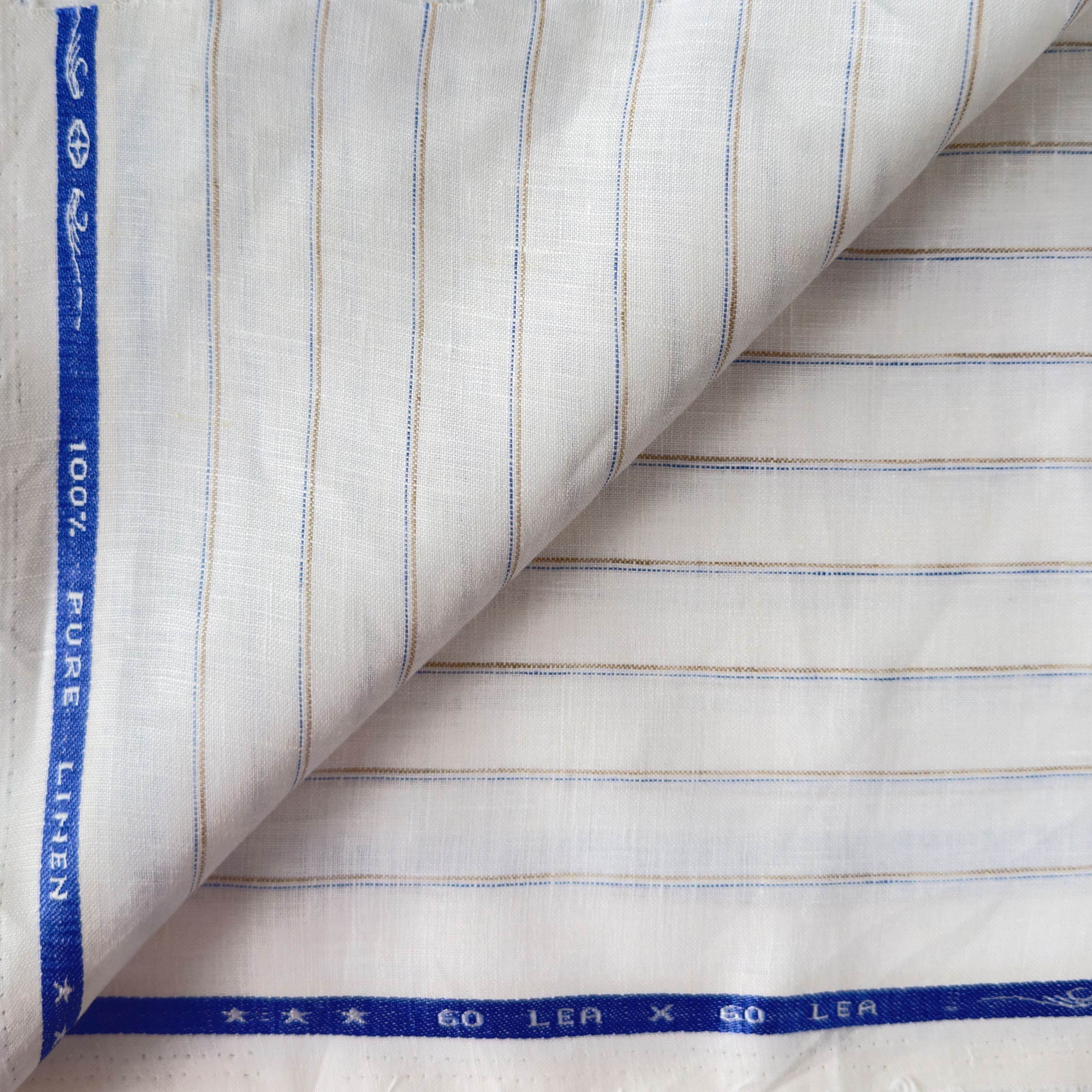 Premium Linen Stripes & Checks Fabric Pure White & Brown-Blue Stripes 60 LEA Linen Fabric