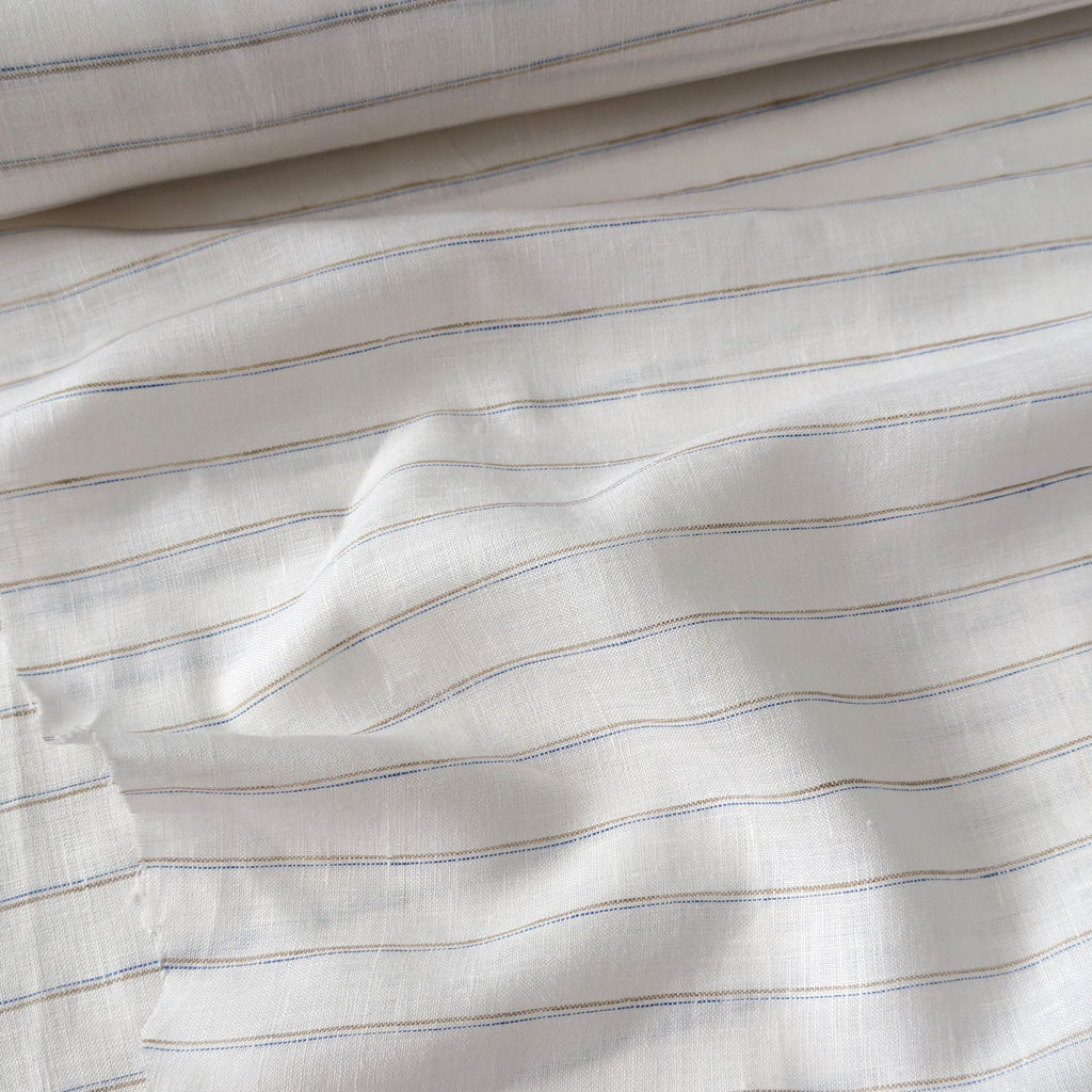 Premium Linen Stripes & Checks Fabric Pure White & Brown-Blue Stripes 60 LEA Linen Fabric