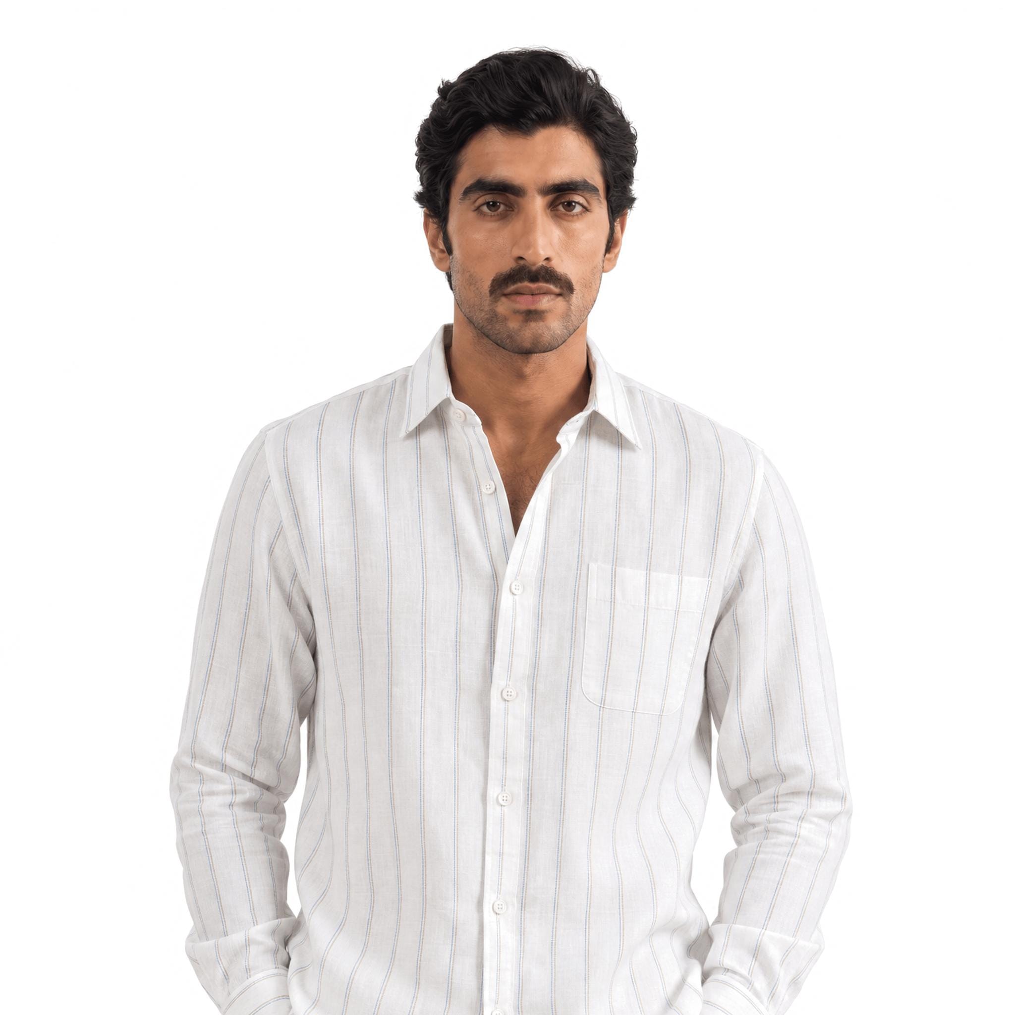 Premium Linen Stripes & Checks Fabric Pure White & Brown-Blue Stripes 60 LEA Linen Fabric